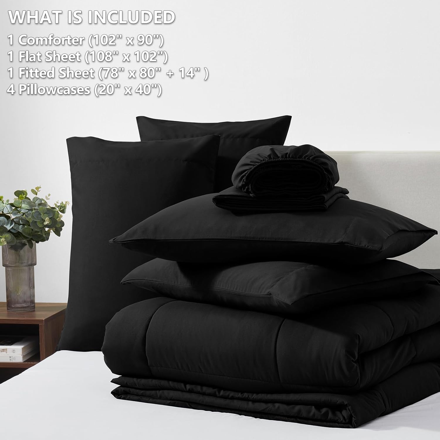 CozyLux Juego de edredón tamaño King de 7 piezas, edredón negro en una bolsa, juego de ropa de cama King con edredón acolchado para todas las