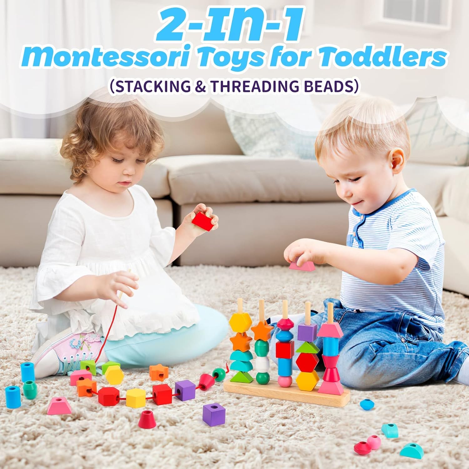 Educational Montessori Toy Set – Wooden Beads Sequencing, Stacking Blocks, Lacing Beads & Shape Stacker – STEM Learning for 3 4 5 Year Olds for Kids!
