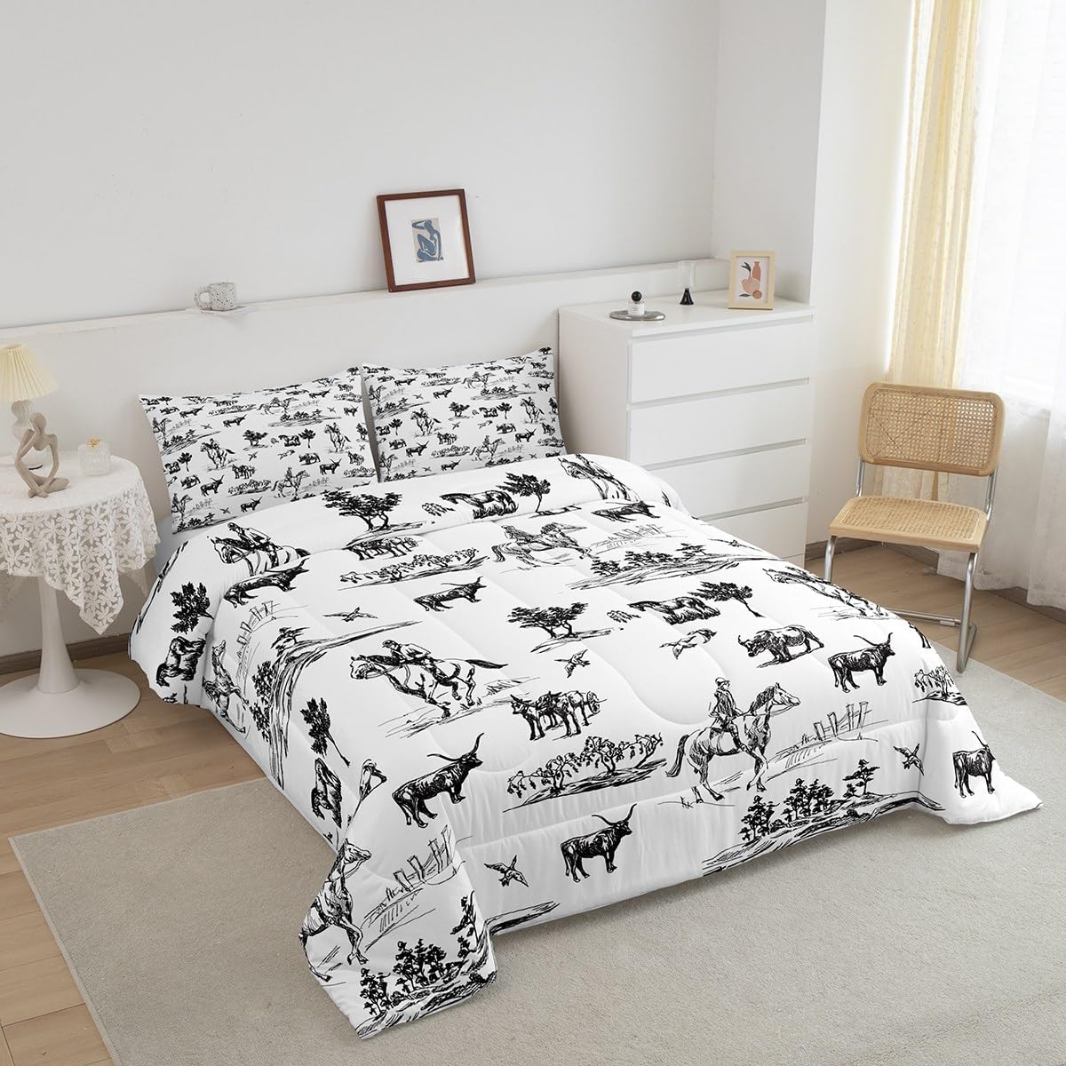 Juego de edredón occidental, tamaño matrimonial, juego de ropa de cama de vaca y caballo, 3 piezas, diseño de animales de granja para niños, niñas y