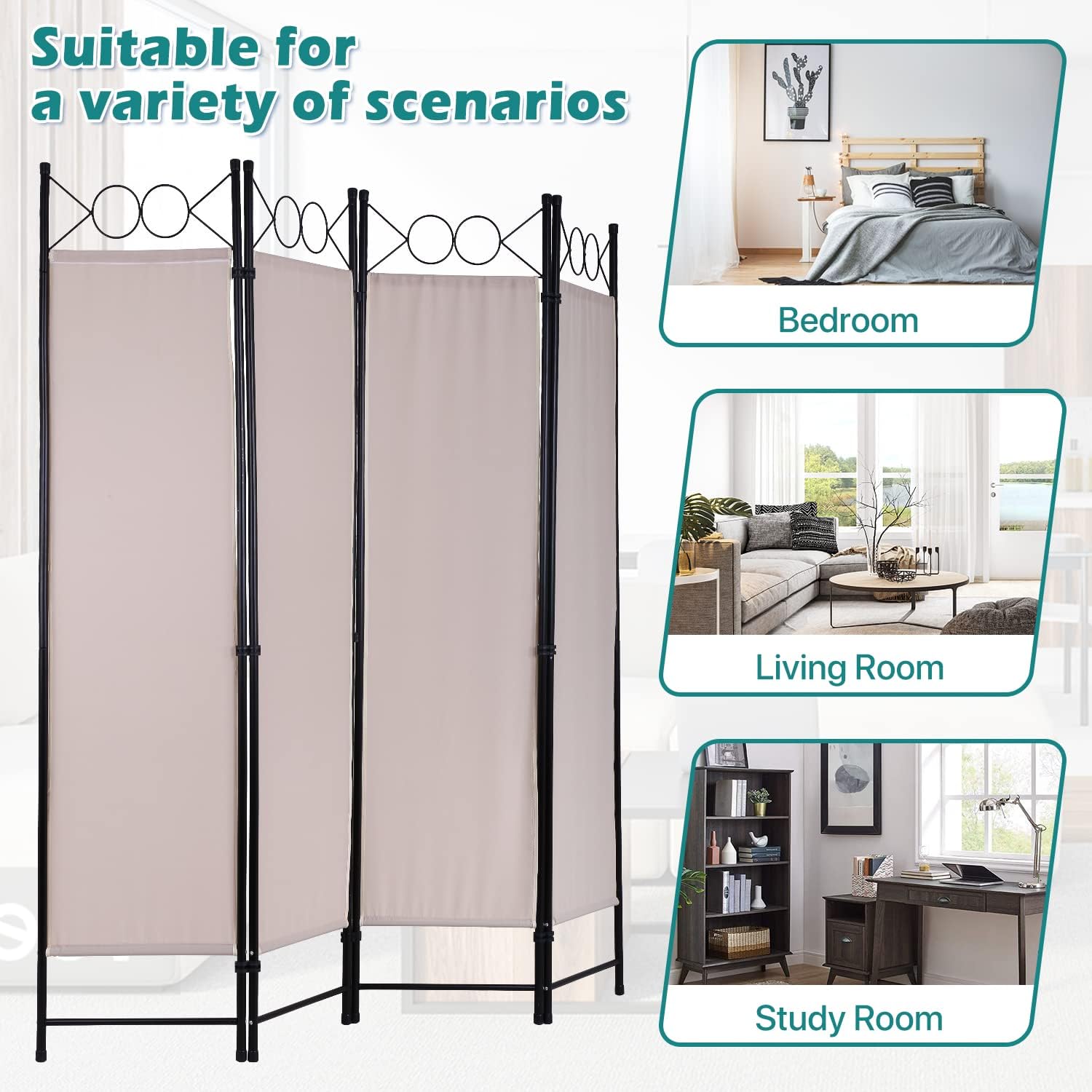 Divisores de habitación plegables de 4 paneles, marco de acero de 68 pulgadas de alto y superficie de tela, divisor de pared separador de