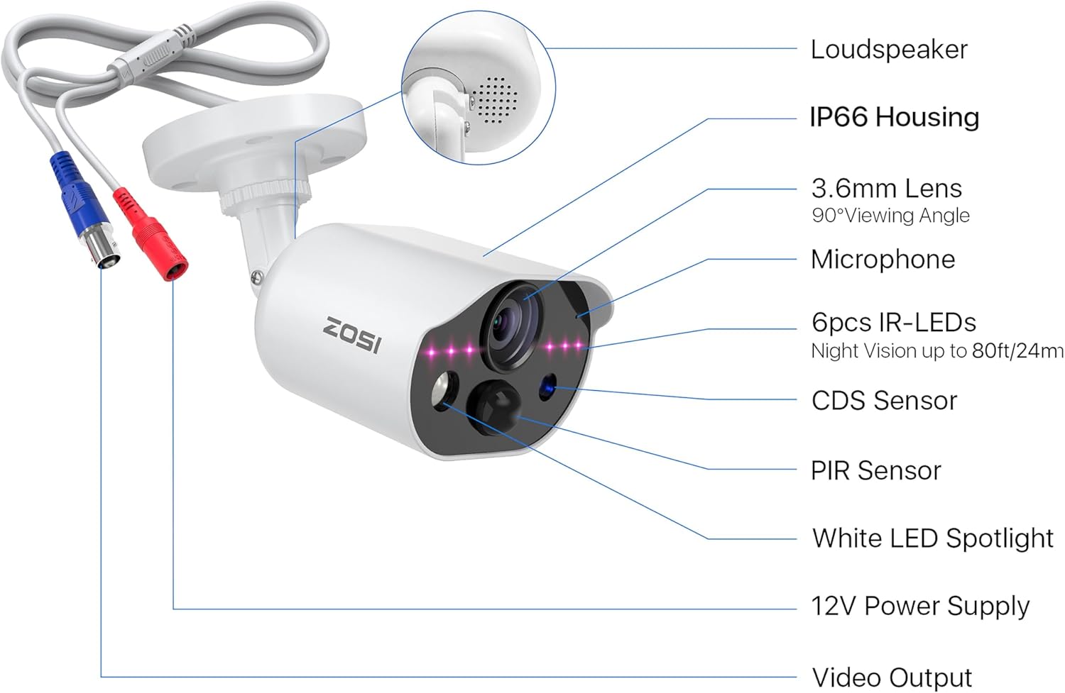 ZOSI Cámara de seguridad 1080P HD-TVI con audio, 2MP 1920TVL cámara de vigilancia para interiores y exteriores, visión nocturna, detección de