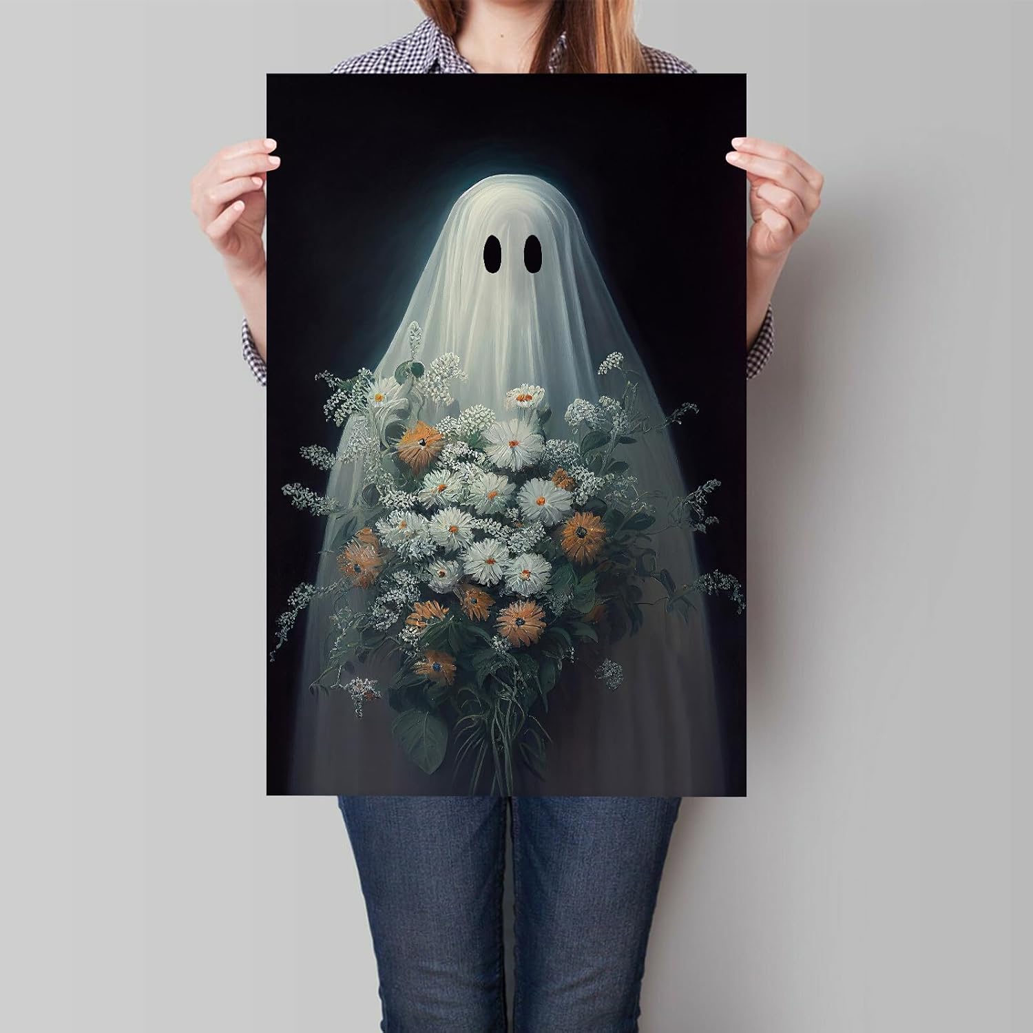 Wodkodnxy Lienzo decorativo para pared de fantasmas de Halloween, divertido póster de fantasmas lindos sosteniendo flores, Academia oscura
