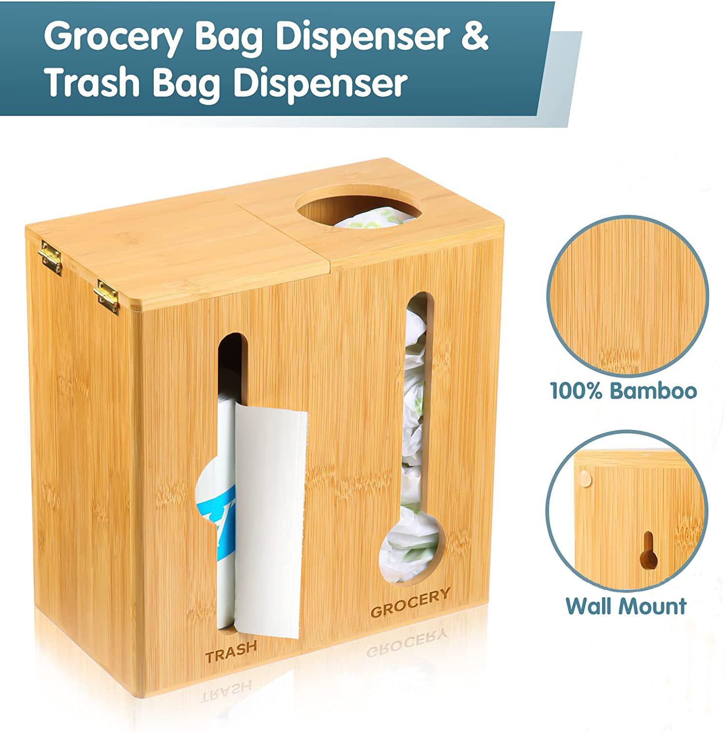 Dispensador de bolsas de basura 2 en 1 y soporte para bolsa de comestibles  Montado en la pared de bambú  Organizador de bolsas de basura y soporte