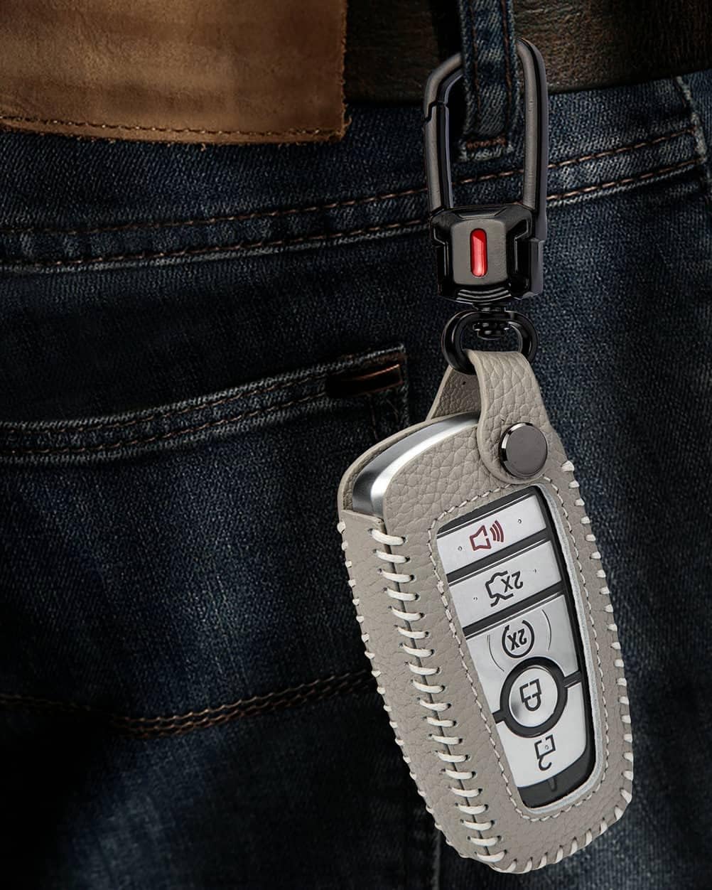 Funda de cuero para llavero Ford con llavero, funda protectora de cuero para llave inteligente de automóvil compatible con Bronco Escape Mustang