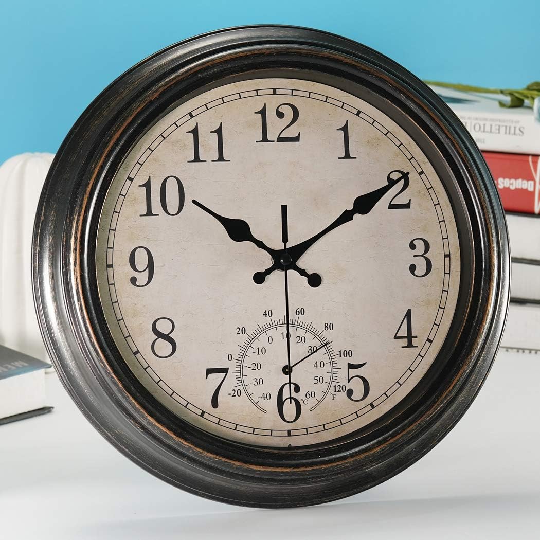 Rsobl Reloj de pared para interiores y exteriores de 12 pulgadas con termómetro, reloj impermeable a pilas, bronce