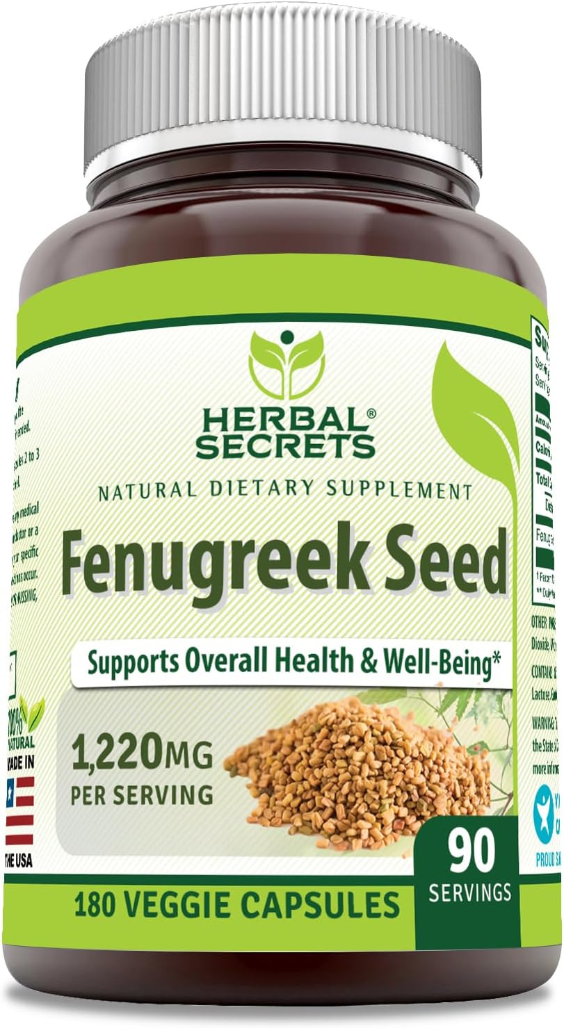 Herbal Secrets Suplemento de semillas de fenogreco de 1,220 mg  180 cápsulas vegetales  Sin OMG  Sin gluten  Fabricado en Estados Unidos