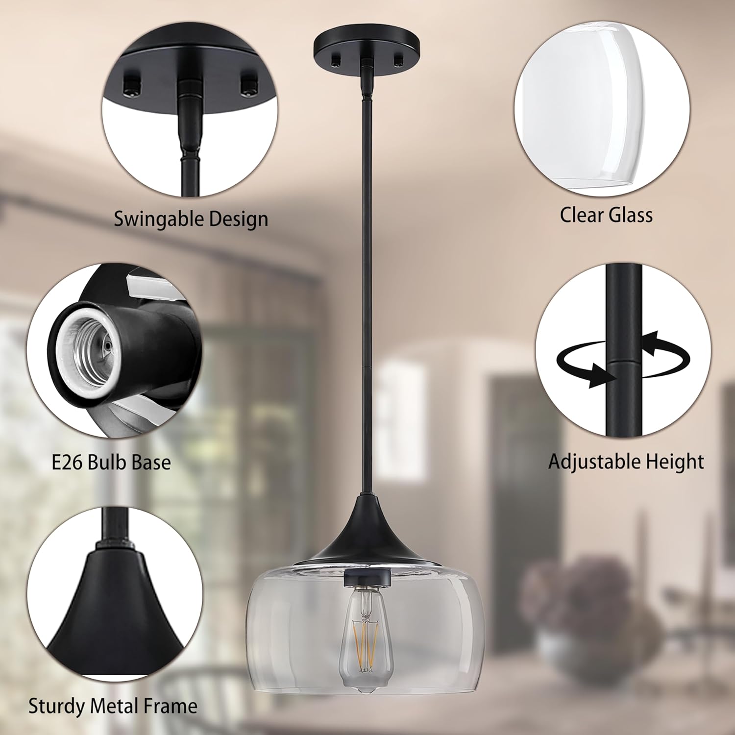 Lámpara colgante de techo semiempotrada, moderna pantalla de vidrio transparente soplado a mano, clásica para granja, entrada, comedor, isla de