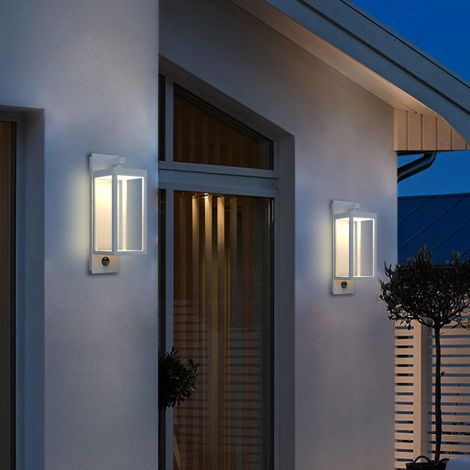 Luces de pared con sensor de movimiento para exteriores, lámpara LED moderna de 15 pulgadas, lámpara de porche blanca IP54 impermeable con vidrio
