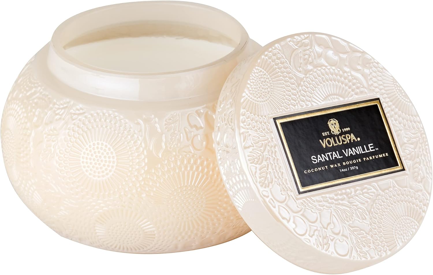 Voluspa Vela Santal Vanille  Cuenco de chawan de vidrio en relieve  14 onzas  Tiempo de combustión de 50 horas  Cera de coco y mechas naturales para