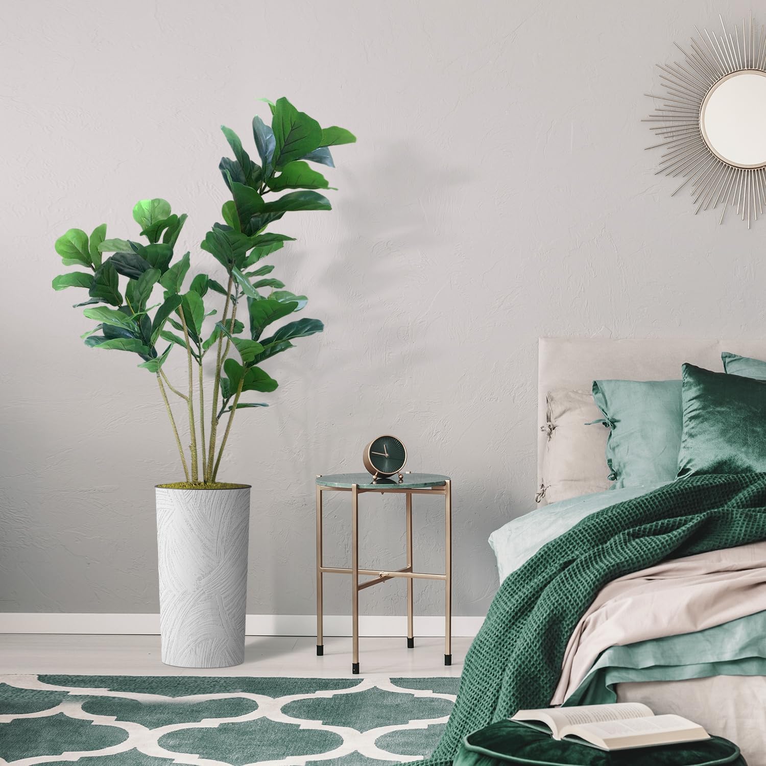 Árbol artificial en macetero con efecto de mármol blanco, Ficus Lyrata falso de seda para decoración del hogar en interiores y exteriores, altura