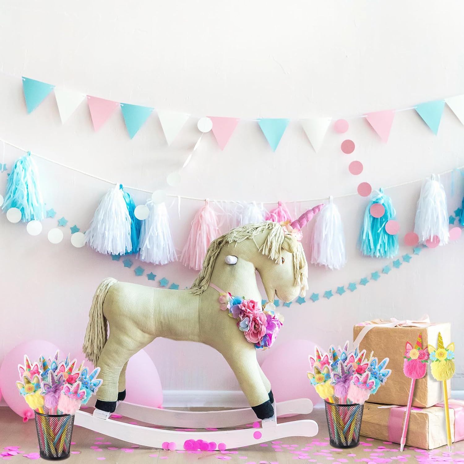 Cholemy 24 bolígrafos de unicornio para recuerdos de fiesta, bolígrafos esponjosos de unicornio a granel, arcoíris, unicornio, pompones, bolígrafos