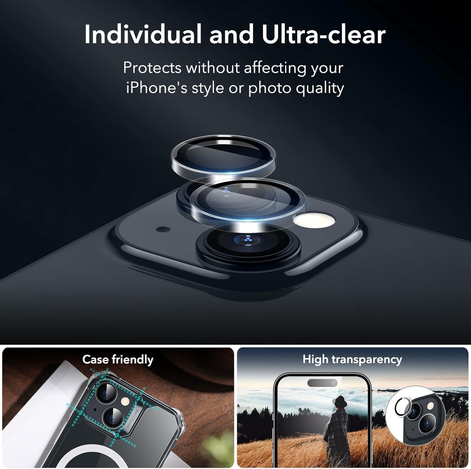 ESR Paquete de 3+2 protectores de pantalla para iPhone 15, 3 protectores de pantalla de vidrio templado y 2 protectores de lente de cámara, bordes