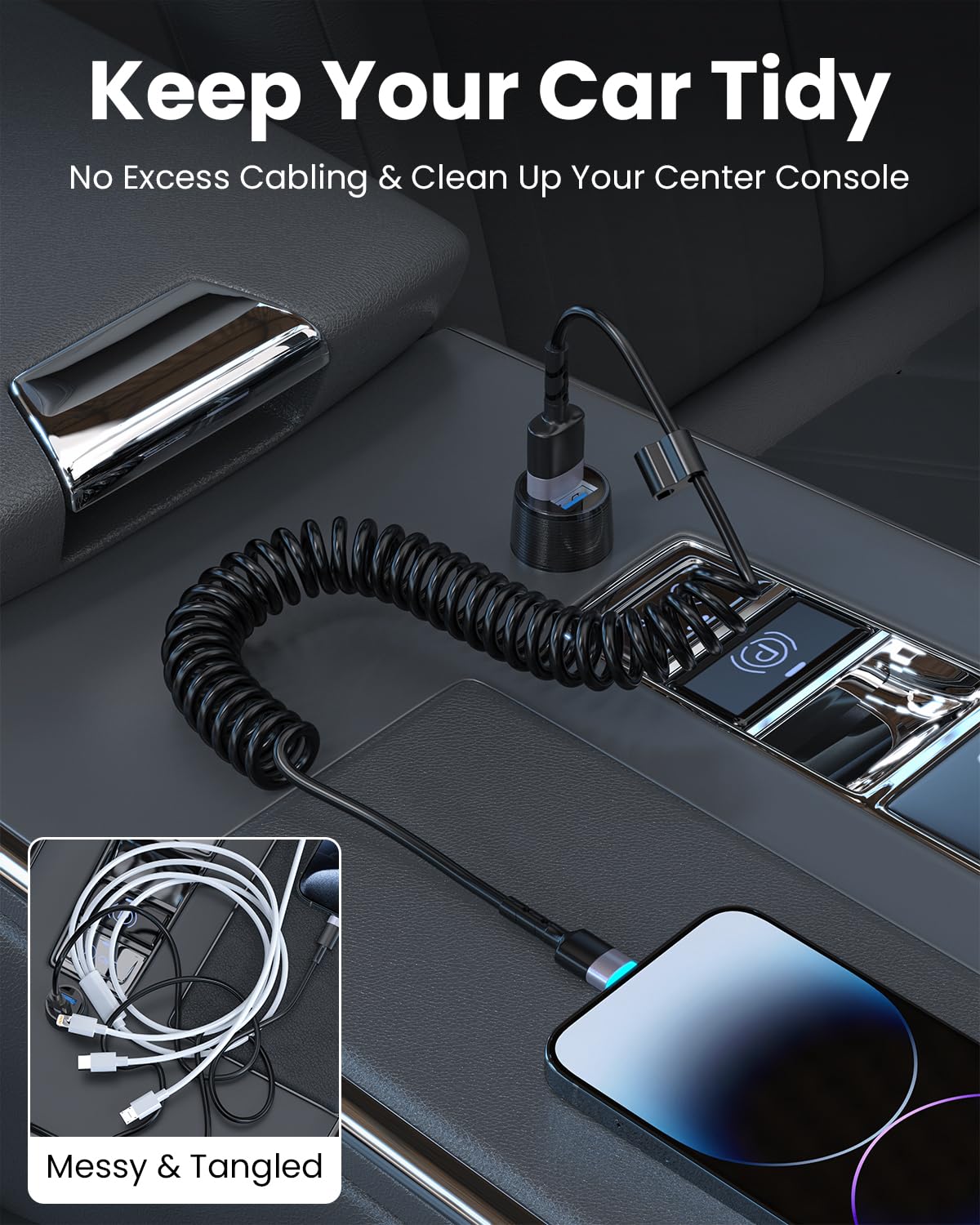 Cable Lightning en espiral, 2 unidades, 3 pies, cable iPhone para automóvil, Apple CarPlay certificado MFi, carga corta USB a Lightning compatible