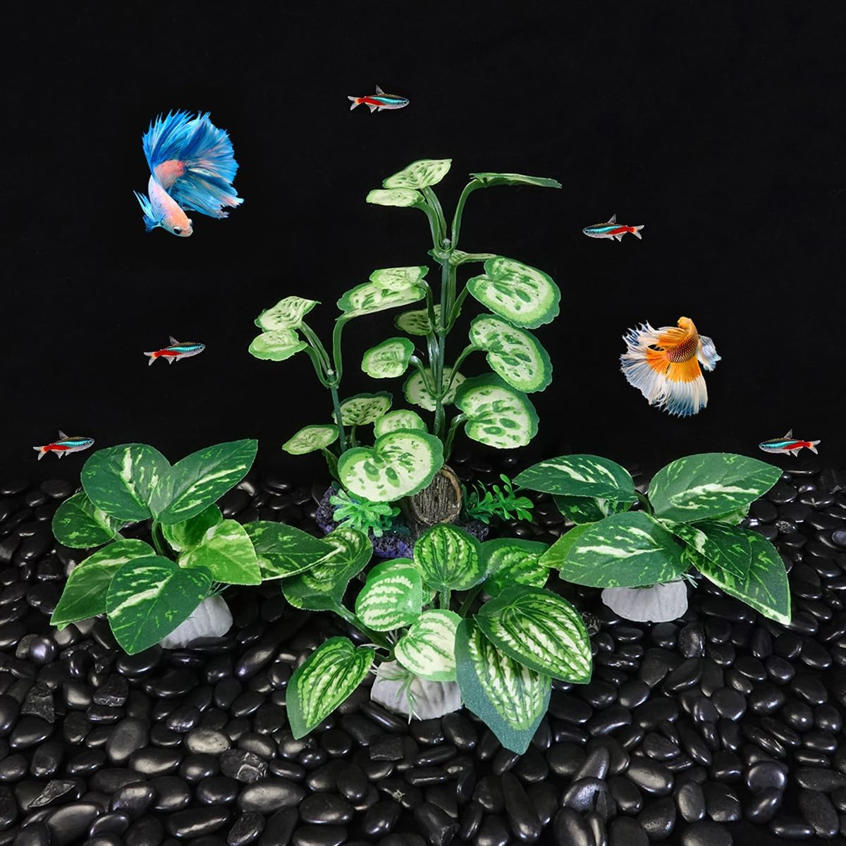 GKPONSX Plantas artificiales de acuario, 4 piezas de decoración de pecera, juego de plantas de seda de plástico para peceras Betta (hierbas verdes,
