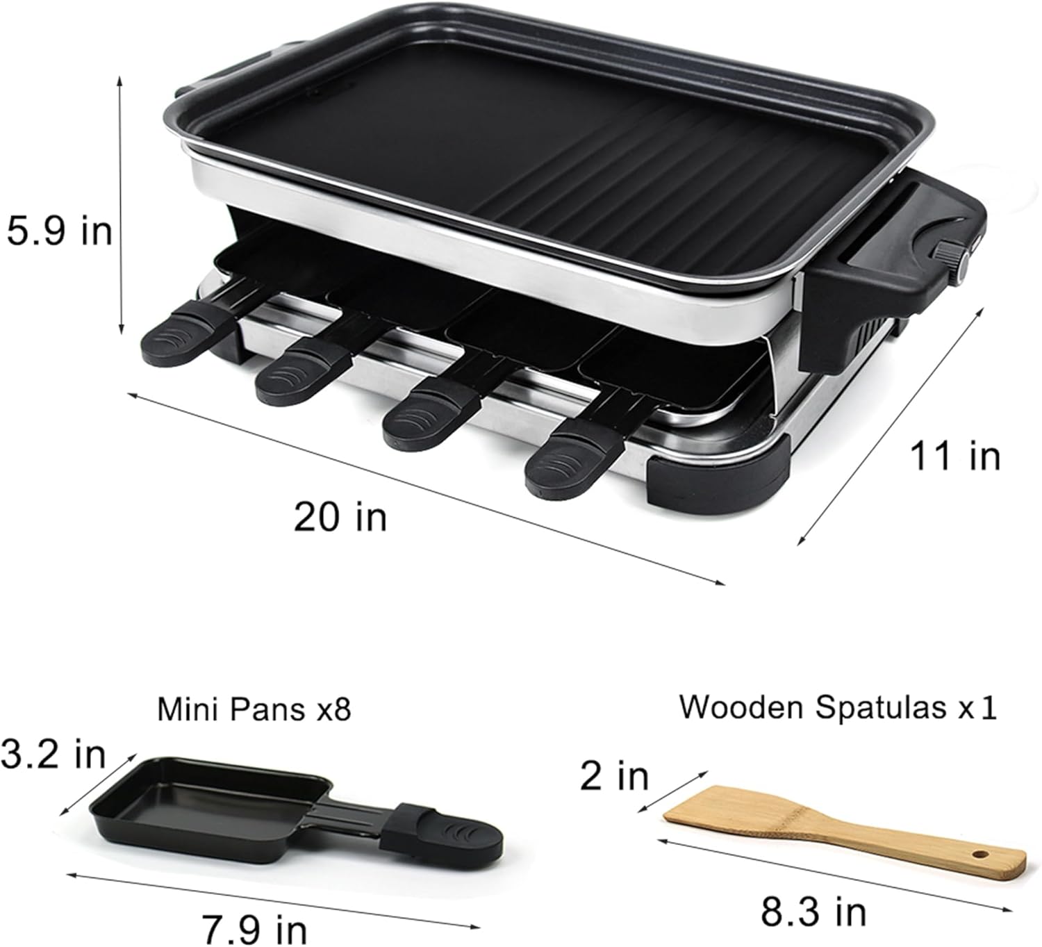 Petfu Raclette – Parrilla de mesa eléctrica de 1300 W, parrilla interior con 8 mini sartenes de raclette de queso con placa antiadherente,