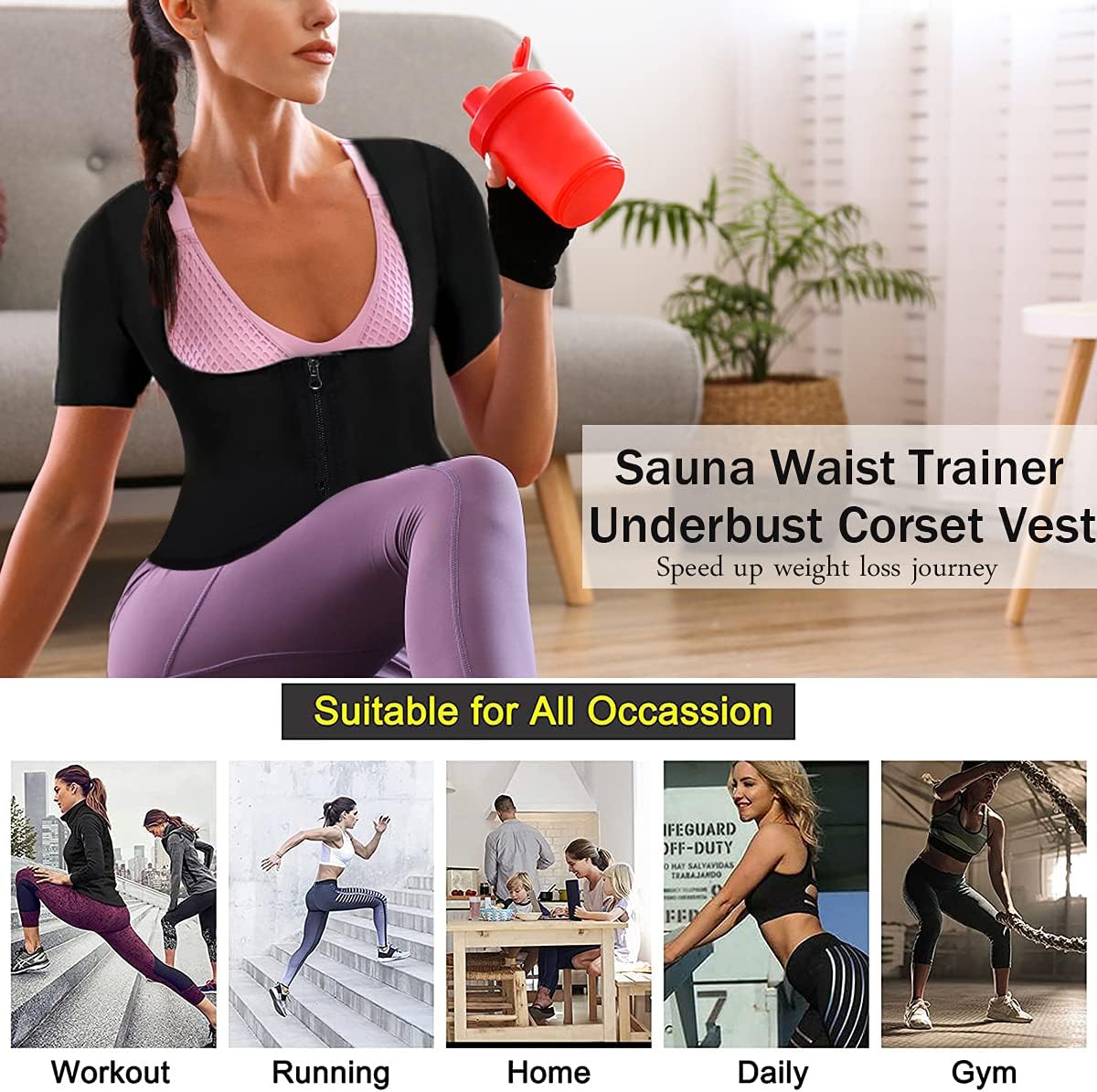 TOPELLER Traje de sauna para mujer, chaleco de entrenamiento de cintura para sudar, chaleco moldeador de cuerpo completo, camisa con cremallera,