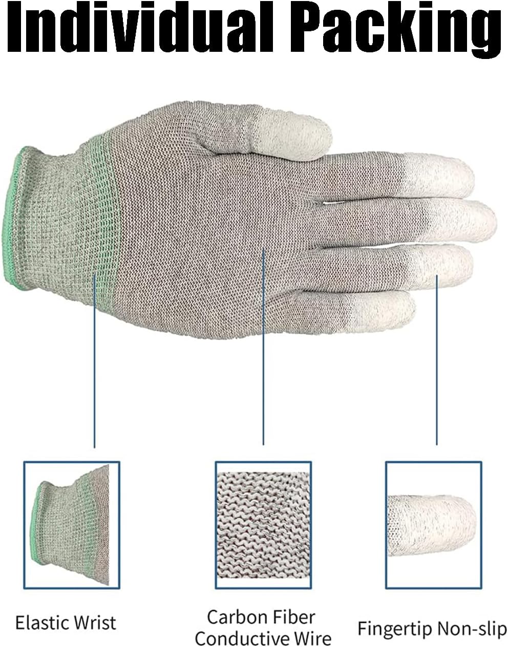 ABCISI Guantes de trabajo, guantes ESD, guantes de fibra de carbono de alta resistencia, guantes antiestáticos, antideslizantes, mediano, 10 pares