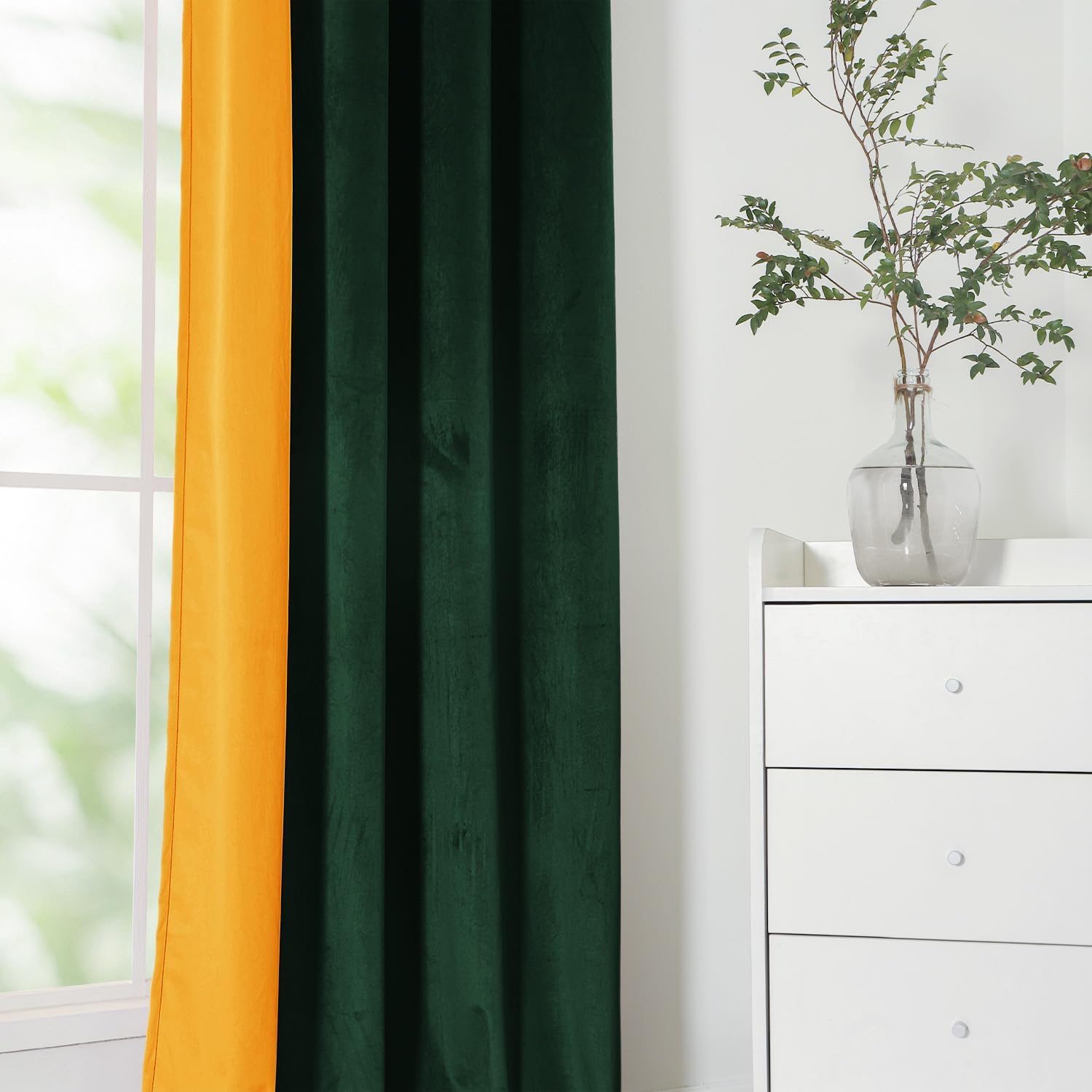 Cortinas de terciopelo para dormitorio, color verde y naranja, 52108 pulgadas, suaves, opacas, con aislamiento térmico, tratamiento de ventana para