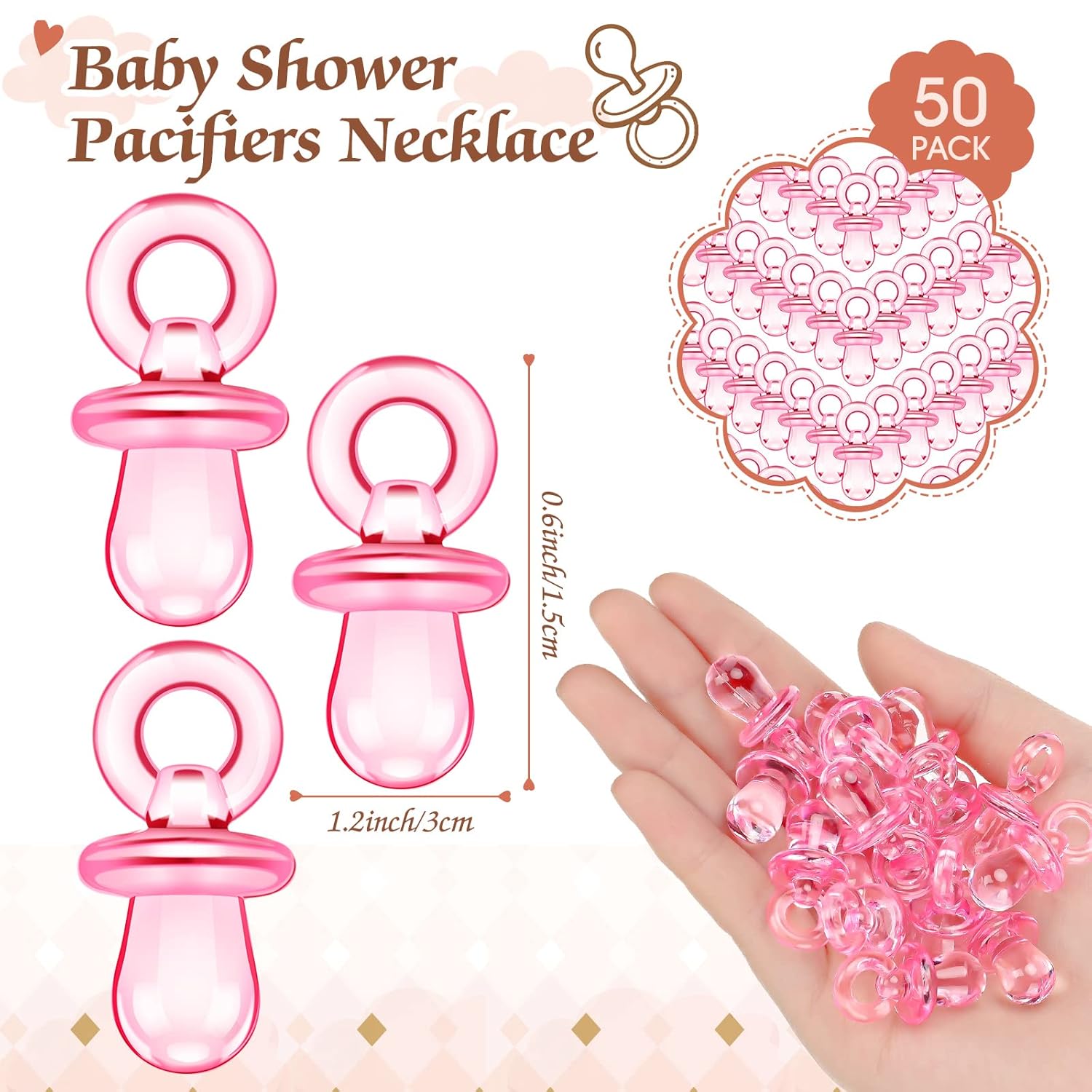 51 juegos geniales para baby shower, incluyen letrero de caza de chupete bohemio y 50 chupetes acrílicos para bebé, mini chupetes para temática
