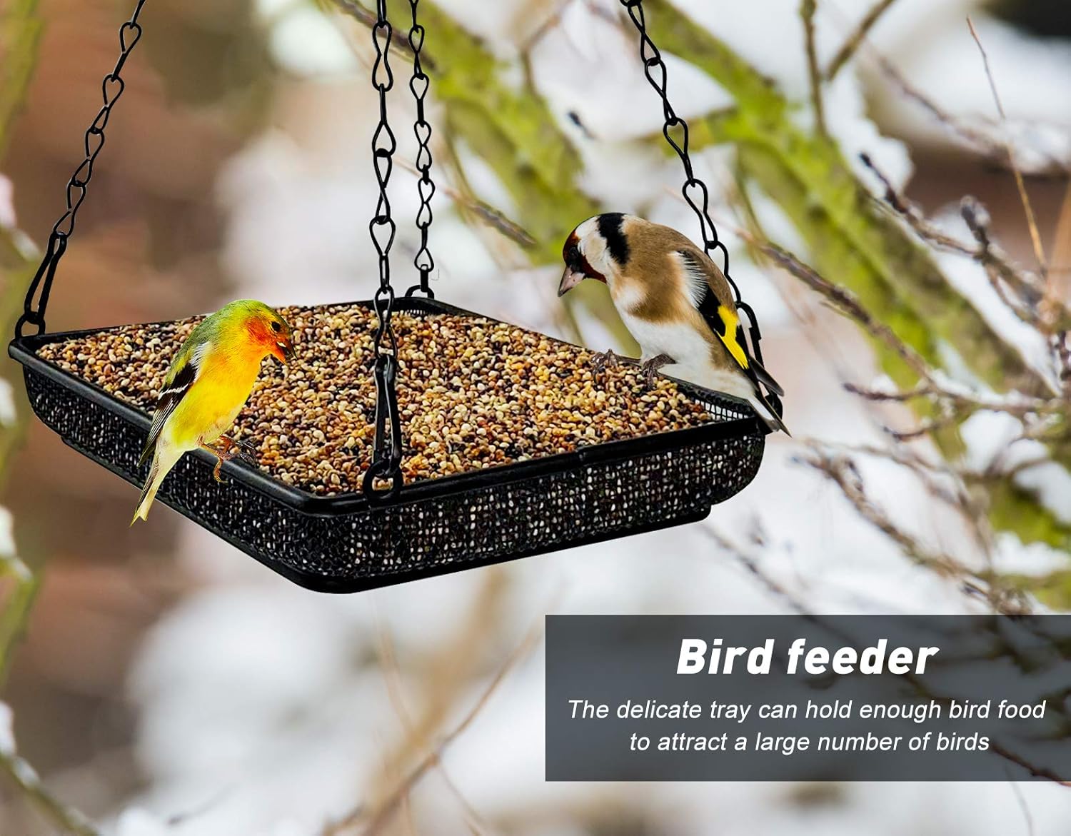 MIXXIDEA Bandeja colgante para pájaros con plataforma de malla metálica con cadenas duraderas para jardín al aire libre, ideal para atraer pájaros