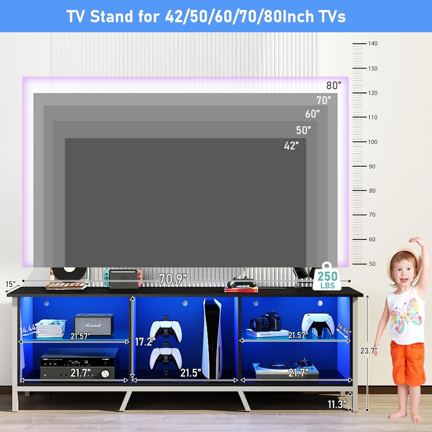 Vinctik 6&Fox Soporte de TV LED de 70 pulgadas para TV de 7580 pulgadas, soporte de TV negro brillante para sala de estar, moderno centro de