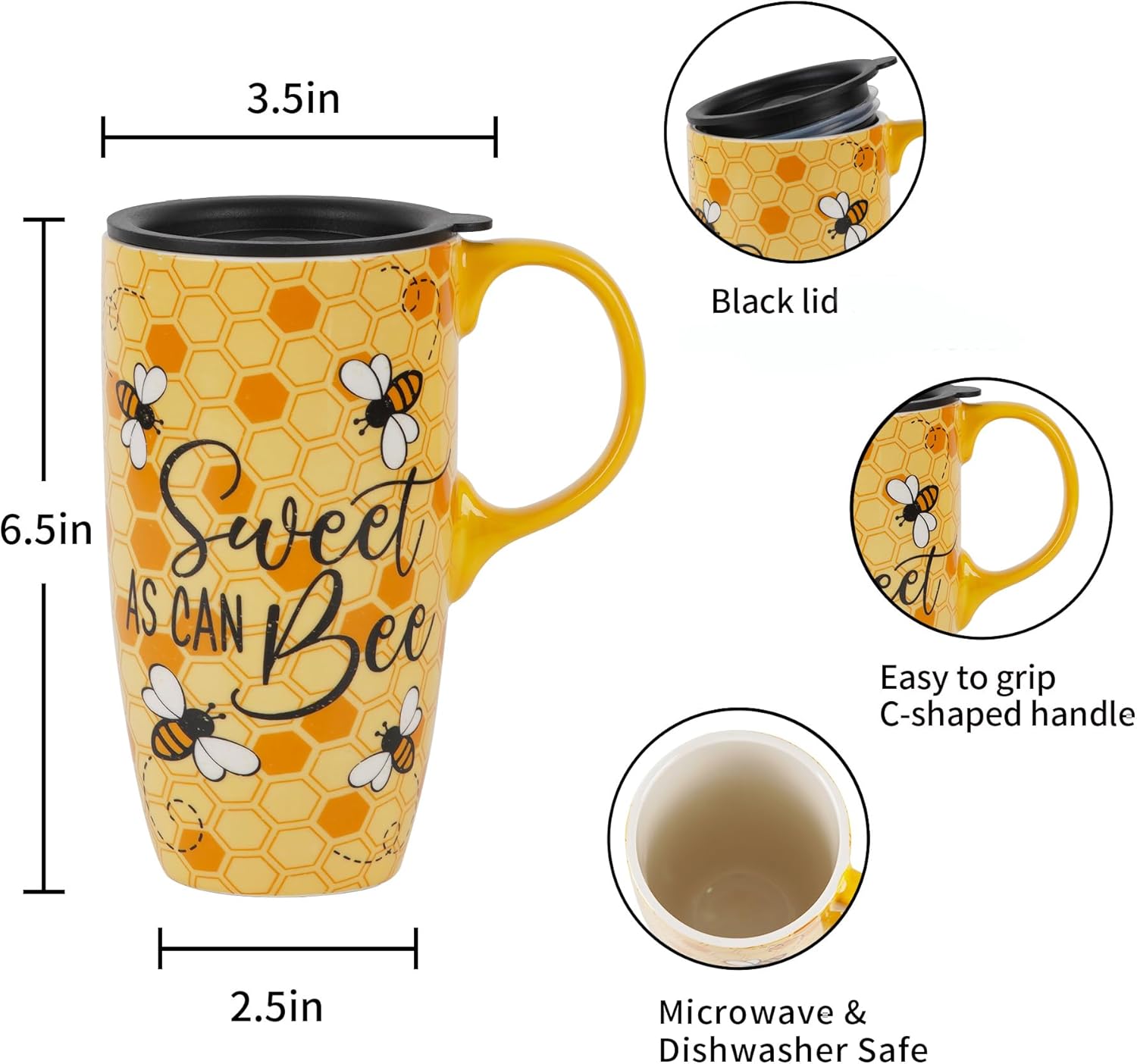 DUSVALLY Taza de cerámica de viaje, taza de café de porcelana con tapa a prueba de derrames y caja de color, 17 onzas. Abeja