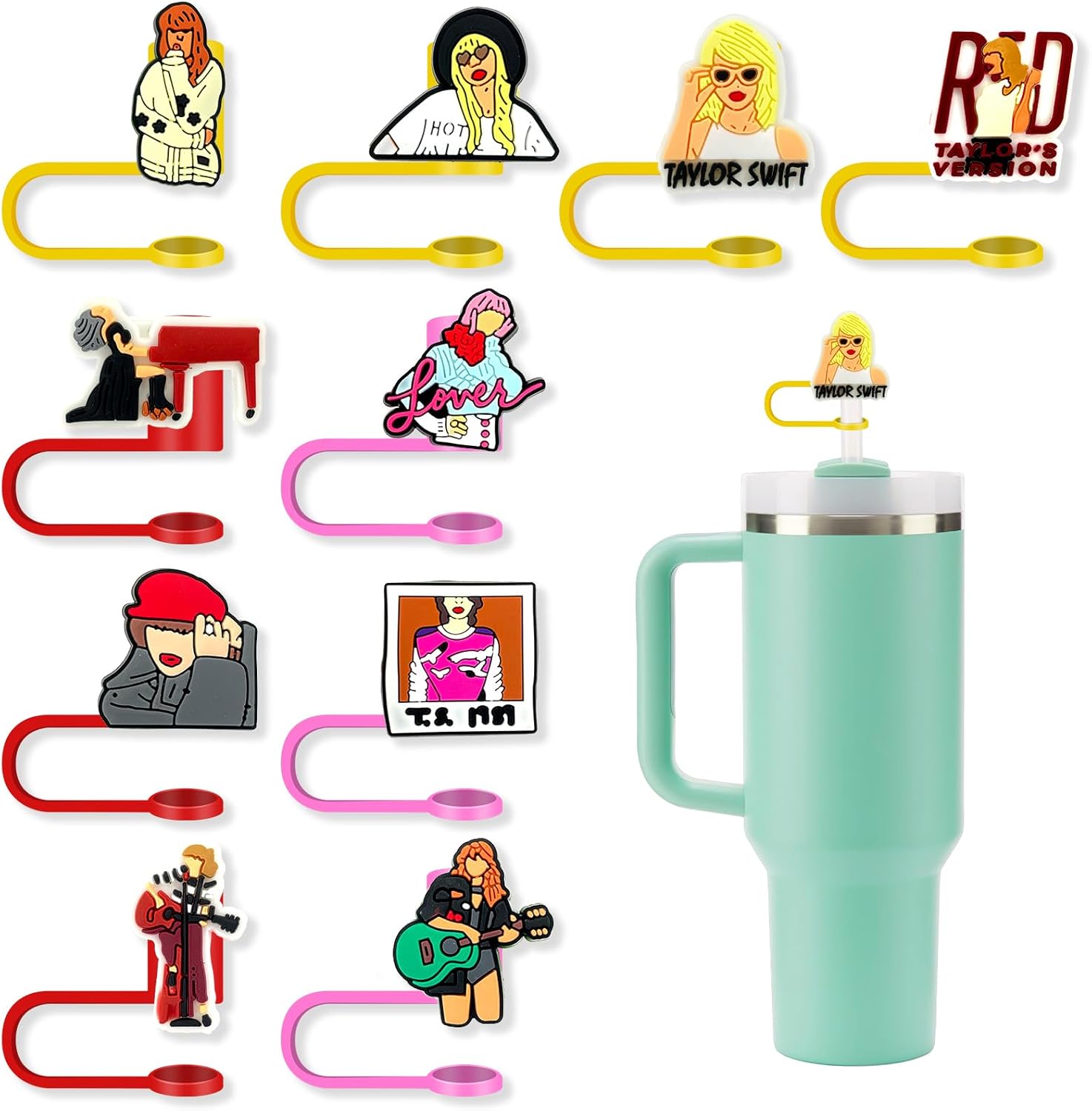 10 vasos con popote para vaso o vaso con diseño popular de cantante de 0.394 pulgadas, protectores reutilizables con puntas de popote para