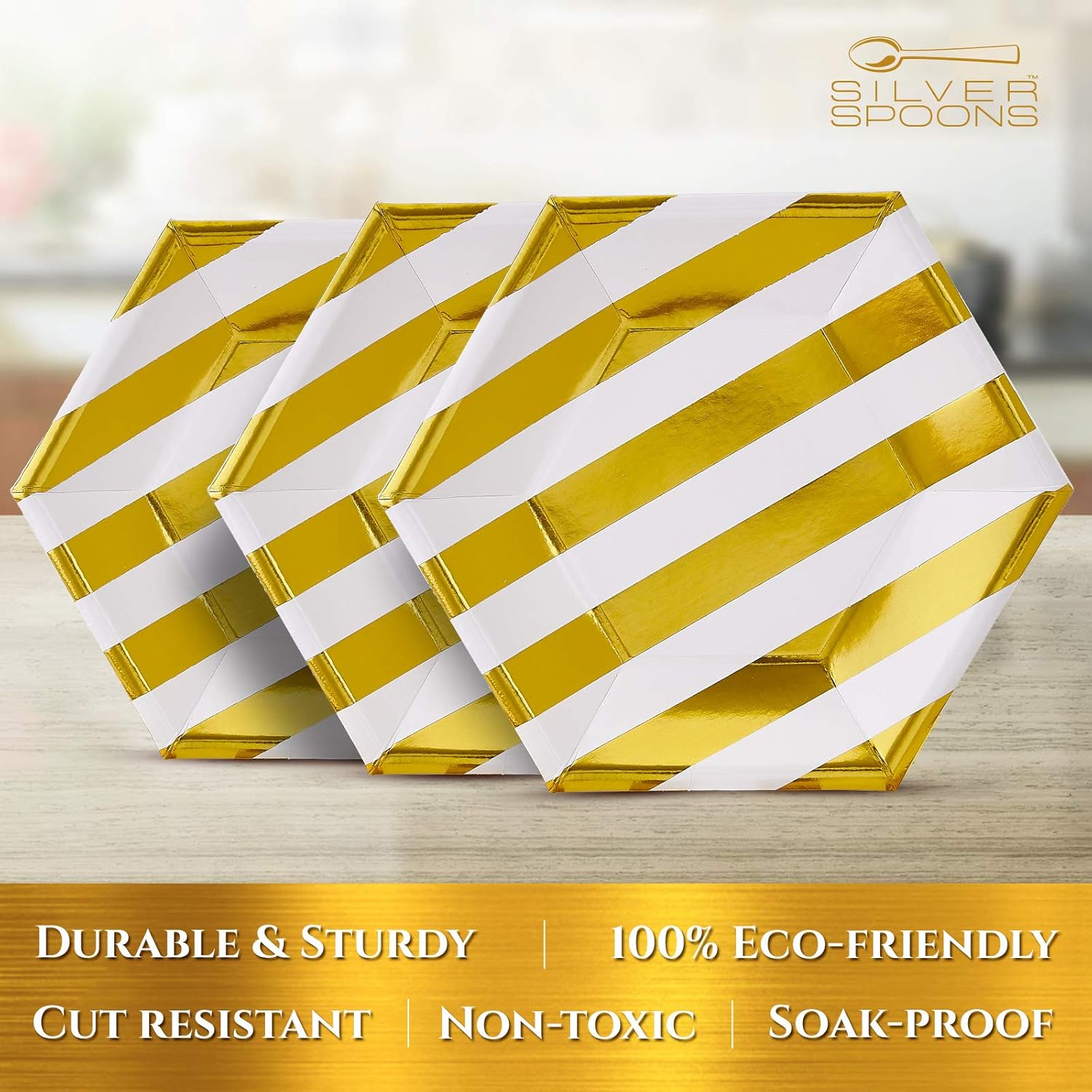 SILVER SPOONS Platos laterales desechables  24 piezas  Hecho de materiales de papel pesados  Rayas – Oro  7.5 pulgadas