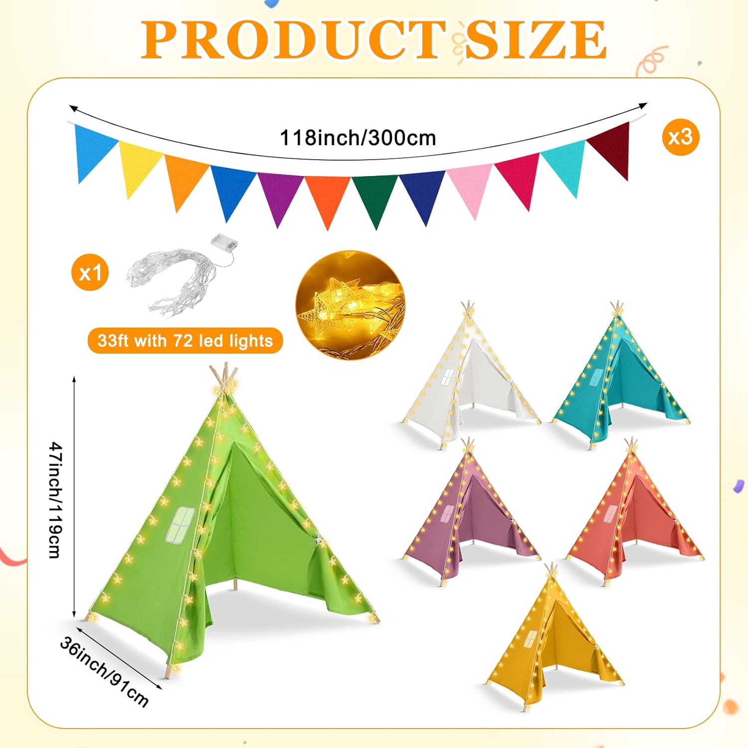 Juego de 6 tiendas de campaña para niños, tienda de campaña para niños con cadena de luces, pancarta, plegable, lavable, tienda de campaña para