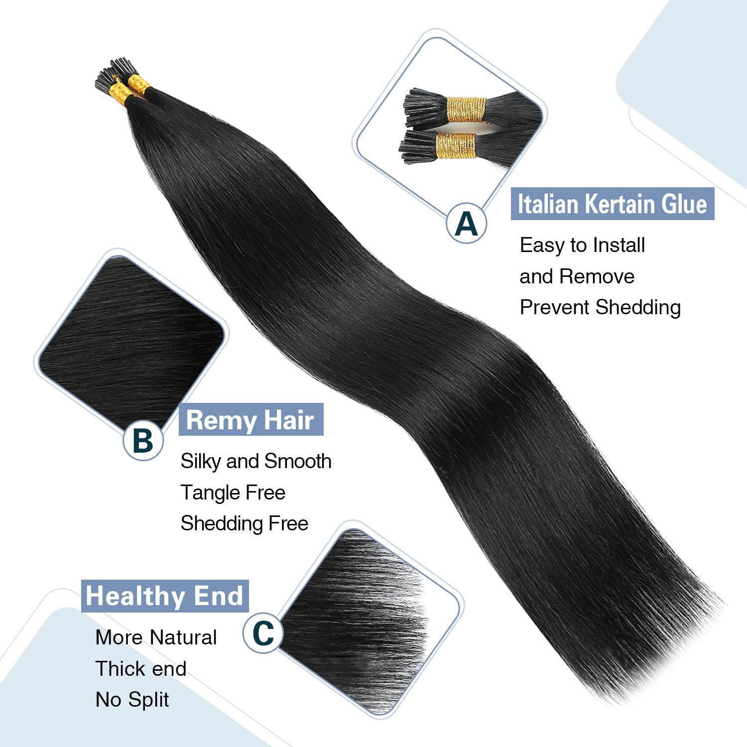 Sunya Extensiones de cabello humano con punta I Tip de 20 pulgadas, extensiones de cabello humano negro azabache con punta en Itip extensiones de