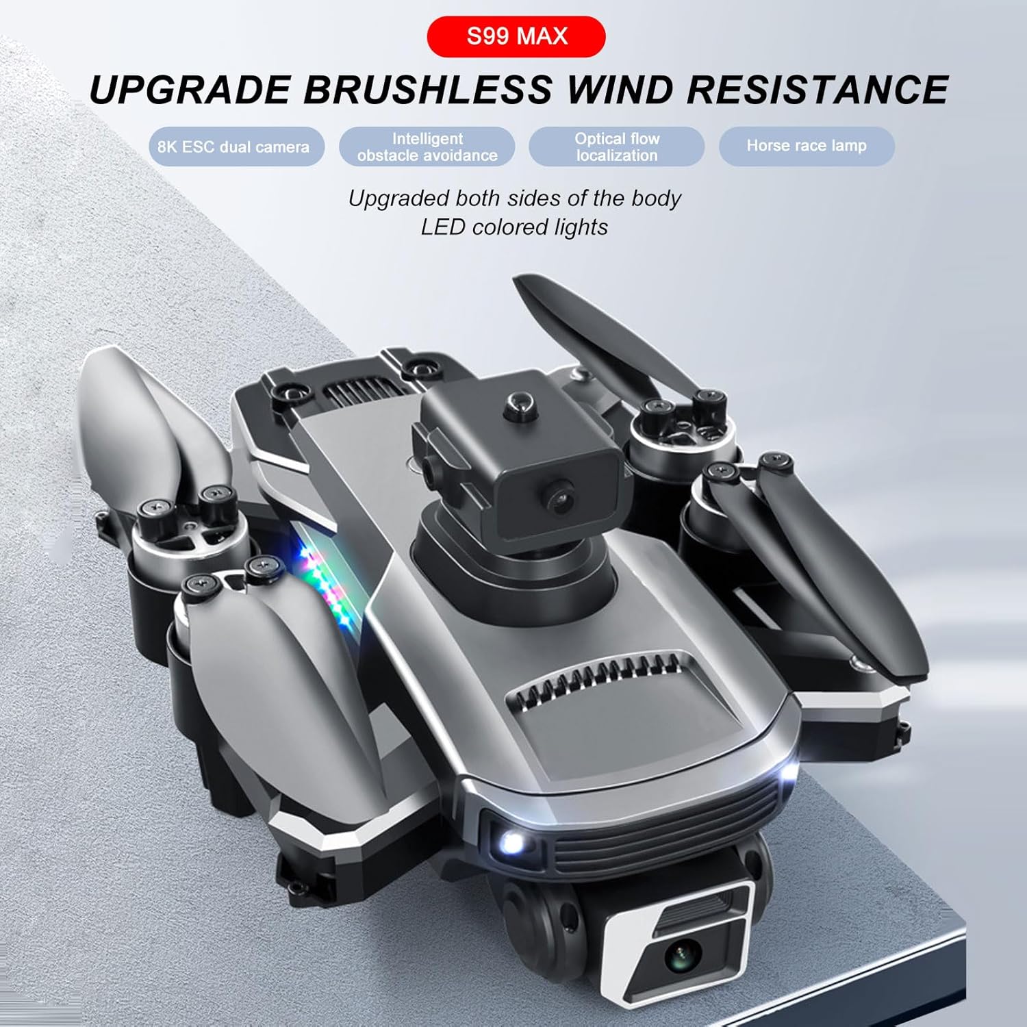 Mini dron RC con cámara dual HD para adultos y niños, S99MAX Cuadricóptero plegable de 4 vías para evitar obstáculos con flujo óptico de 360 , avión