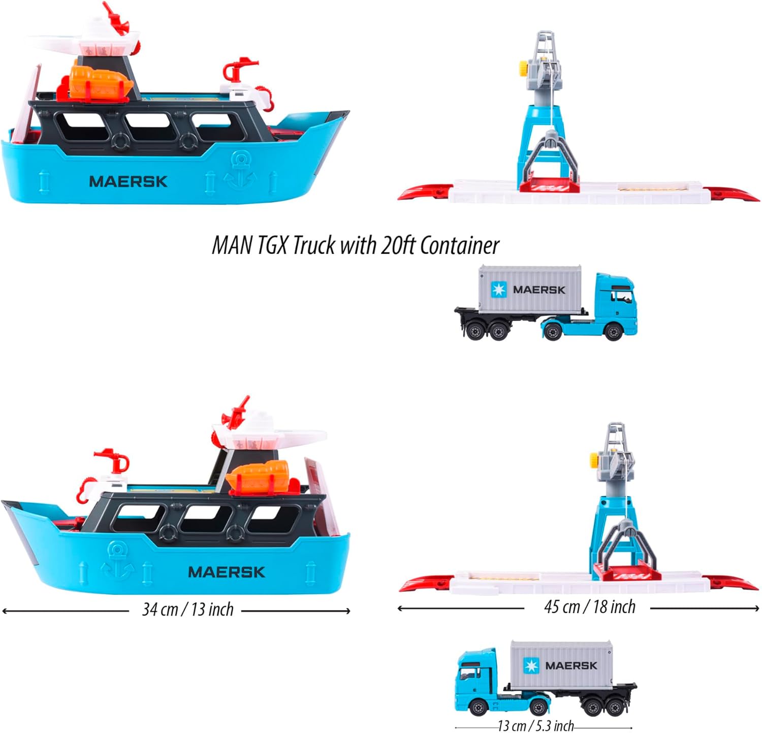 Majorette – Creatix Toy Port with Container Ship – Maersk Logistics Port Station (45 x 29 x 24 cm) with Cargo Ship, Moving Crane and Man Truck with
