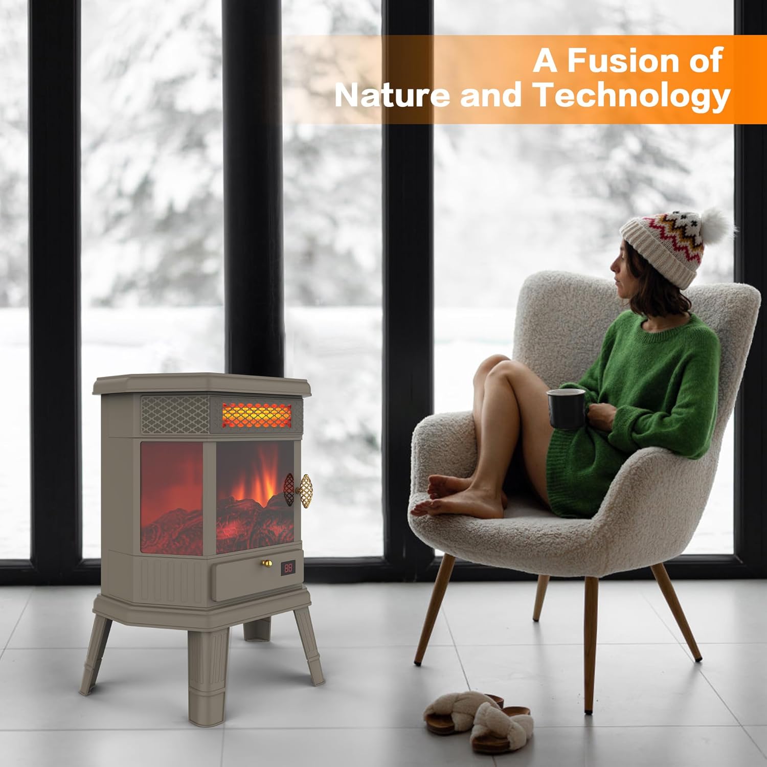 Calentador eléctrico de chimenea independiente de 22 pulgadas, chimenea infrarroja con efecto de llama 3D, temporizador, calentador de protección
