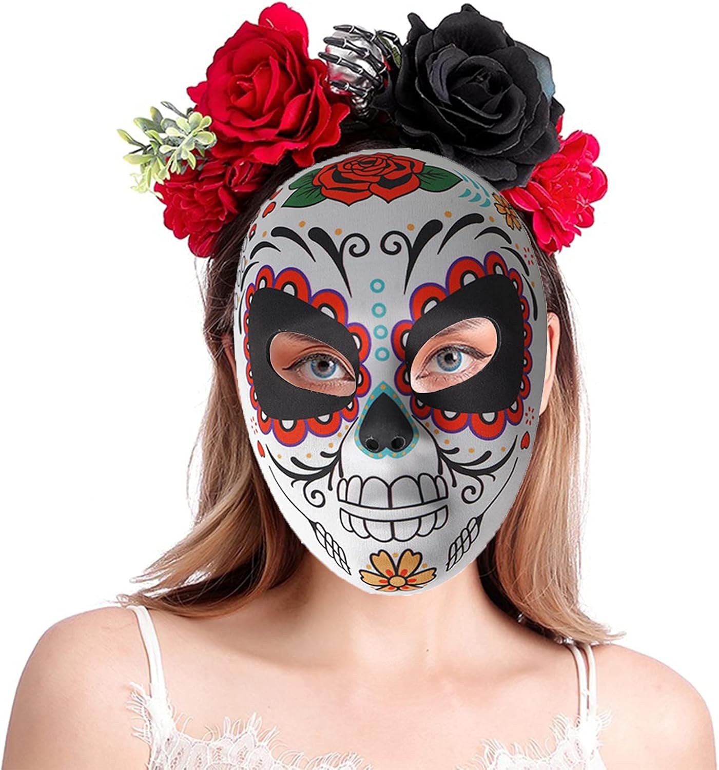 2 máscaras de calavera de azúcar del Día de los Muertos, máscara de cara completa para mujer, esqueleto zombi, hueso, flor, hoja, máscara para