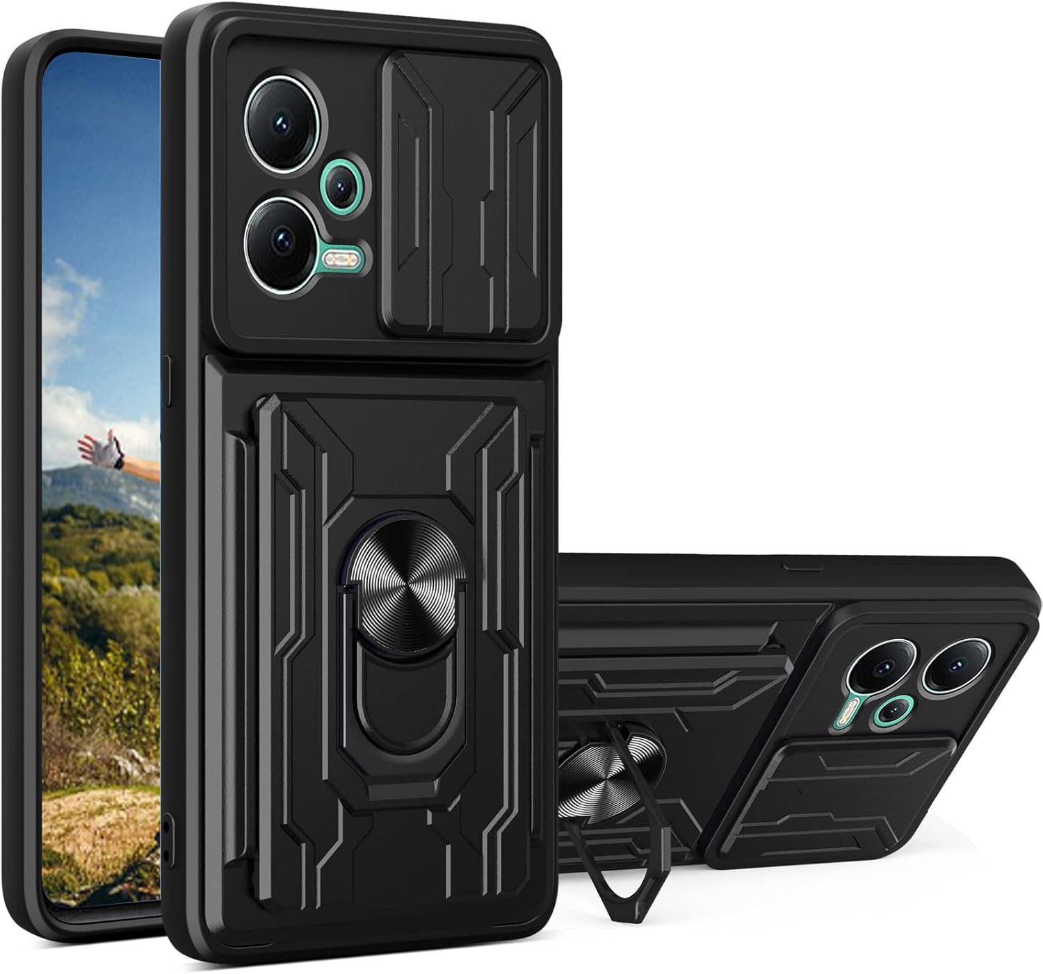 Ysnzaq Funda militar resistente a prueba de golpes para Xiaomi Redmi Note 12 5GPoco X5, cubierta protectora de lente de ventana deslizante con
