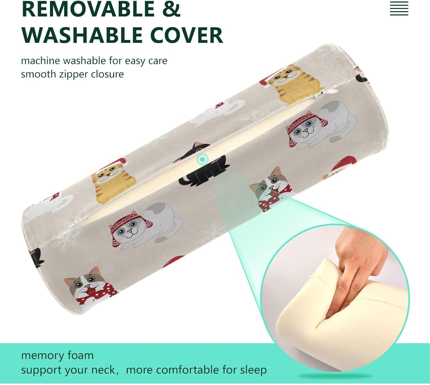 KLL Cute Cat in Christmas Costume and Snowflake Round Cervical Roll Bolster Pillow Neck Roll Pillow Round Pillow Insert 17 Inch Cylinder Pillow