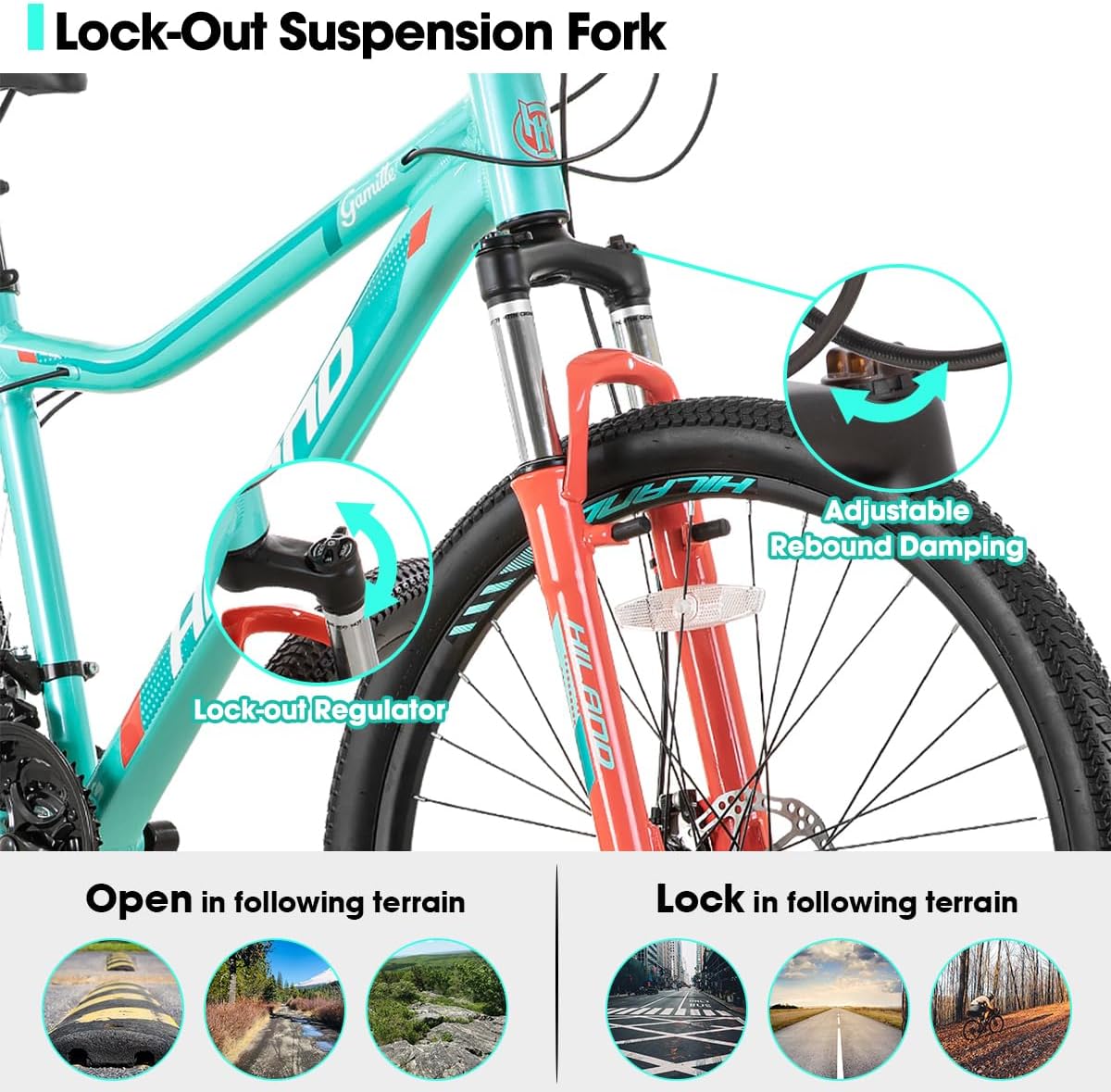 Hiland – Bicicleta de montaña de 26 pulgadas para mujer, 21 velocidades con horquilla de suspensión de bloqueo, frenos de disco duales, marco de