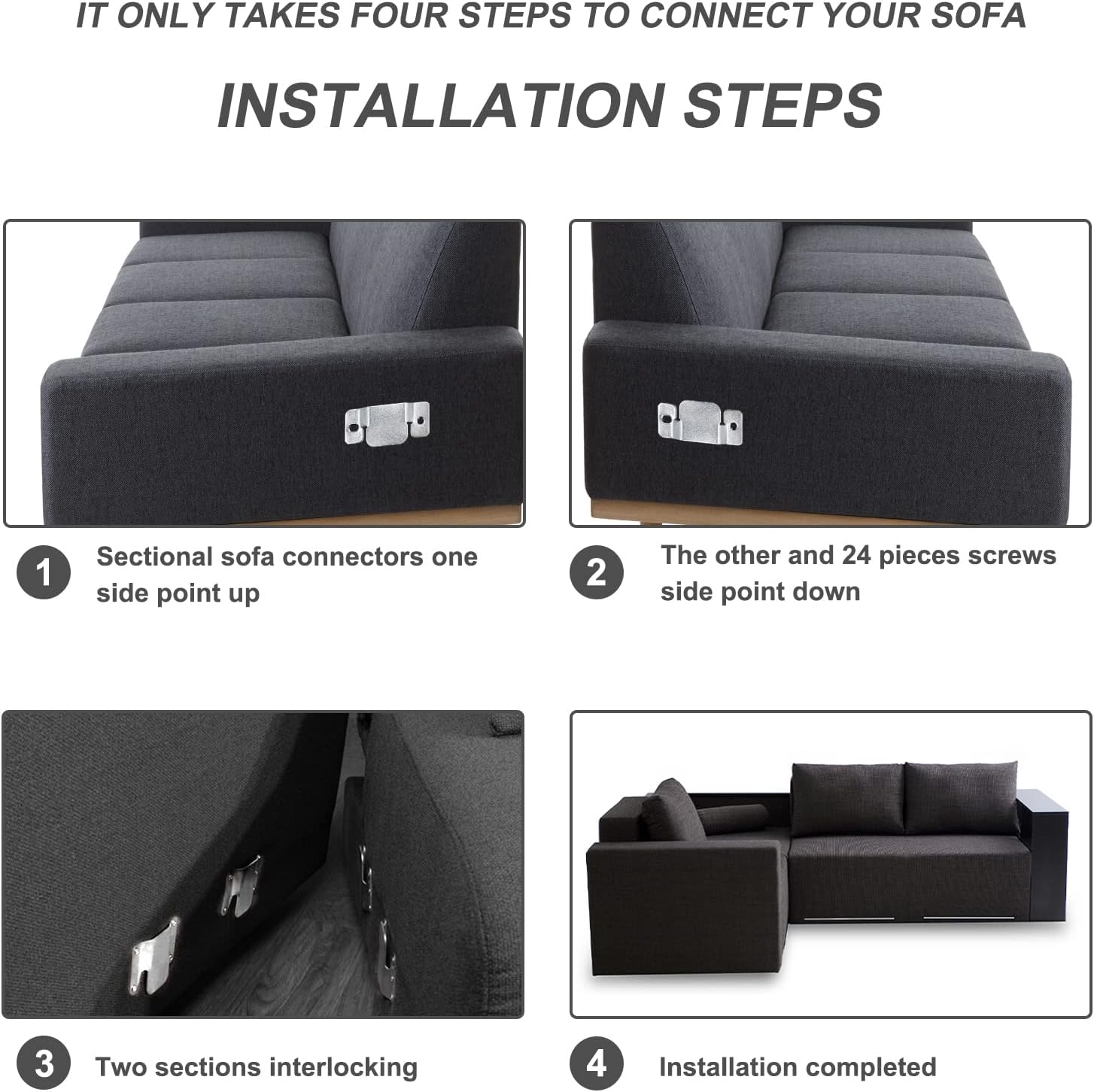 4 piezas de conectores seccionales de sofá de metal, conectores de sofá, conector de muebles entrelazados con 10 tornillos
