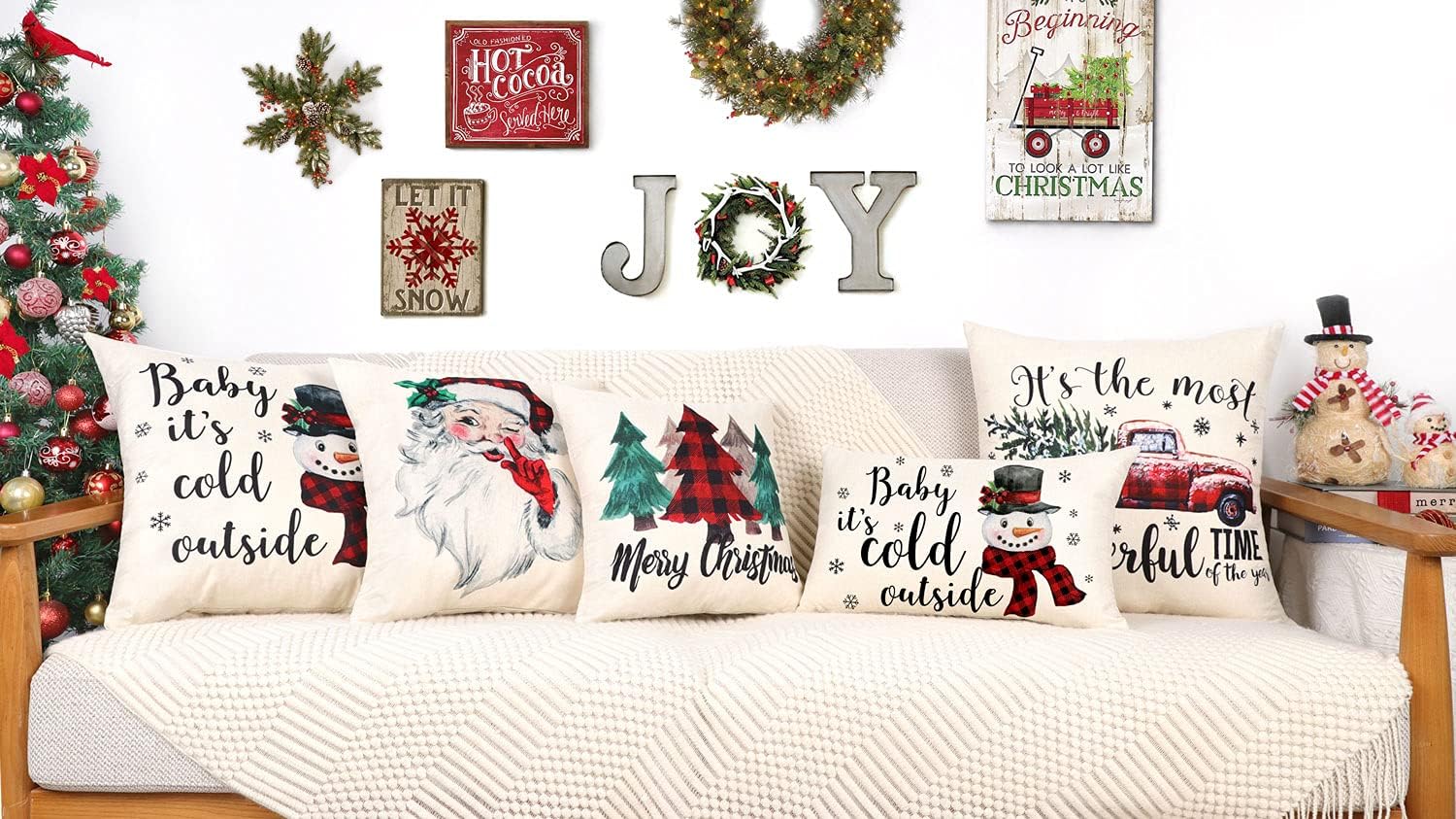 4TH Emotion Juego de 4 fundas de almohada de Navidad de 18 x 18 pulgadas, decoración navideña de granja, cuadros rojos y negros, decoración de