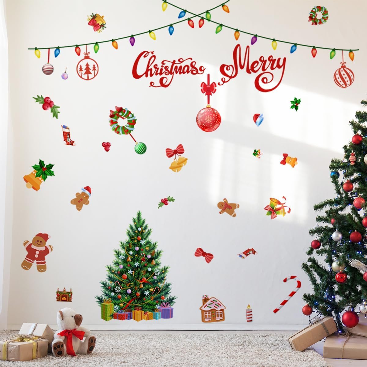 47.24 x 47.24 pulgadas, calcomanía de pared de Feliz Navidad, árbol de Navidad, bola de luz de globo, calcomanías de pared extraíbles para