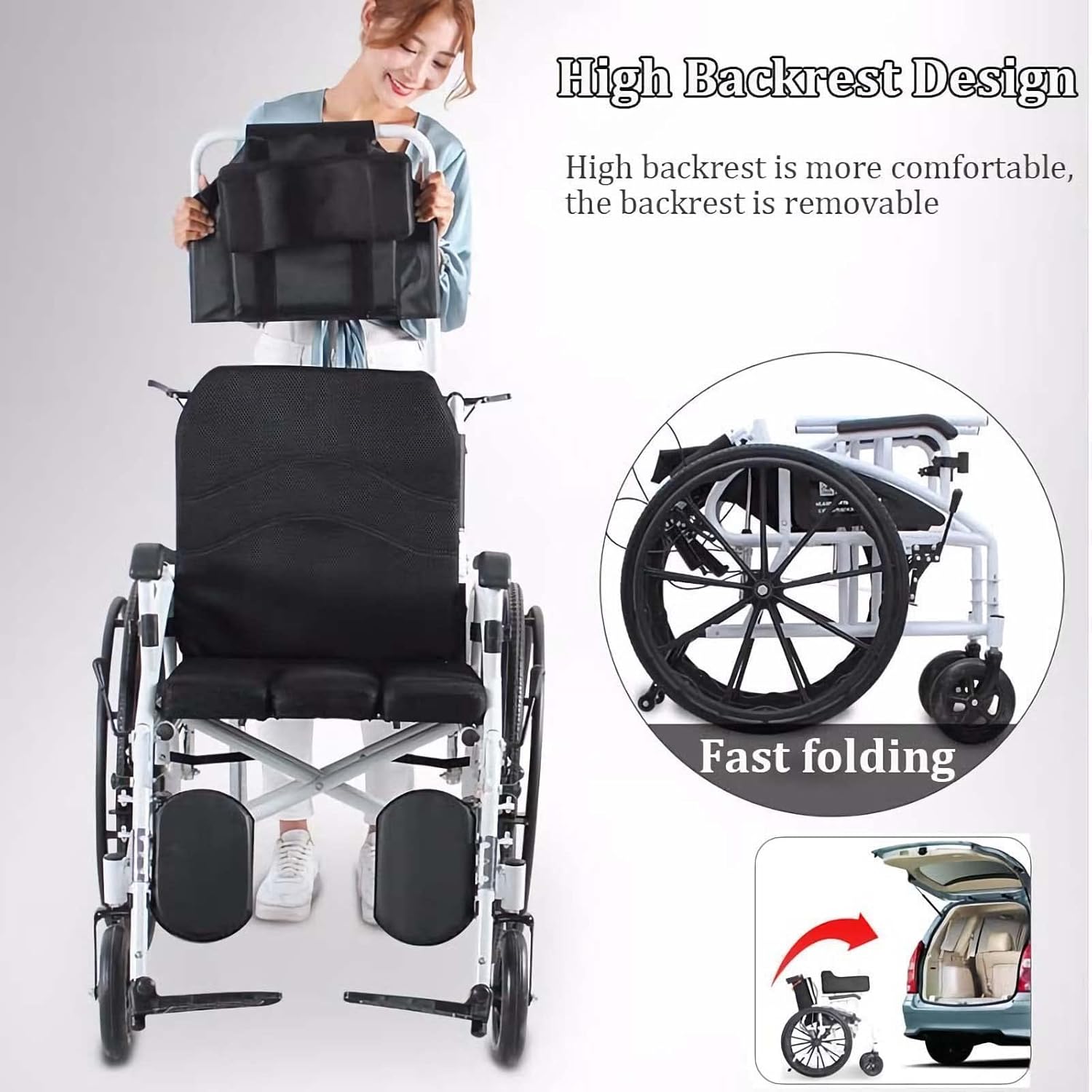 Silla de ruedas reclinable completa para adultos, sillas de ruedas plegables ligeras, respaldo alto y reposacabezas extraíbles, silla de ruedas