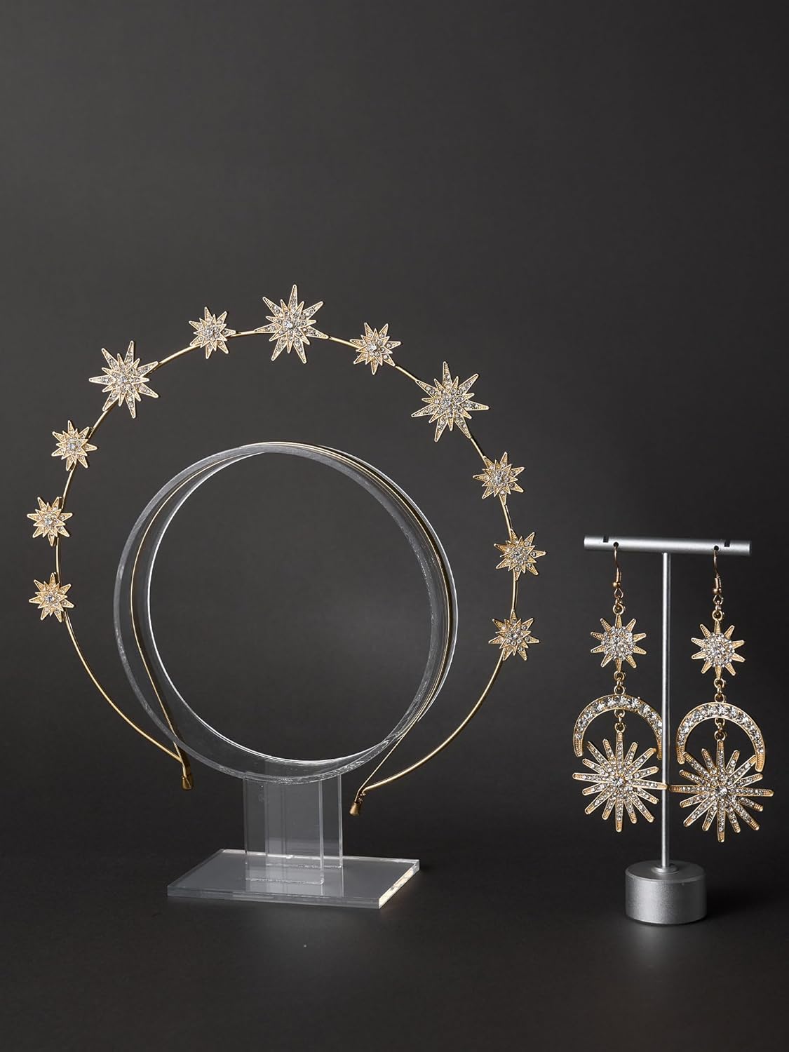 SWEETV Juego de coronas doradas con halo para mujer, tiara de estrella y aretes colgantes, diadema de boda, diadema de diosa para cosplay, disfraz