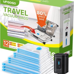 UPGOGO Paquete de 12 bolsas de vacío de viaje con bomba eléctrica Prtable, bolsas de sellado al vacío para ropa, bolsas de almacenamiento al vacío UPGOGO Paquete de 12 bolsas de vacío de viaje con bomba eléctrica Prtable, bolsas de sellado al vacío para ropa, bolsas de almacenamiento al vacío