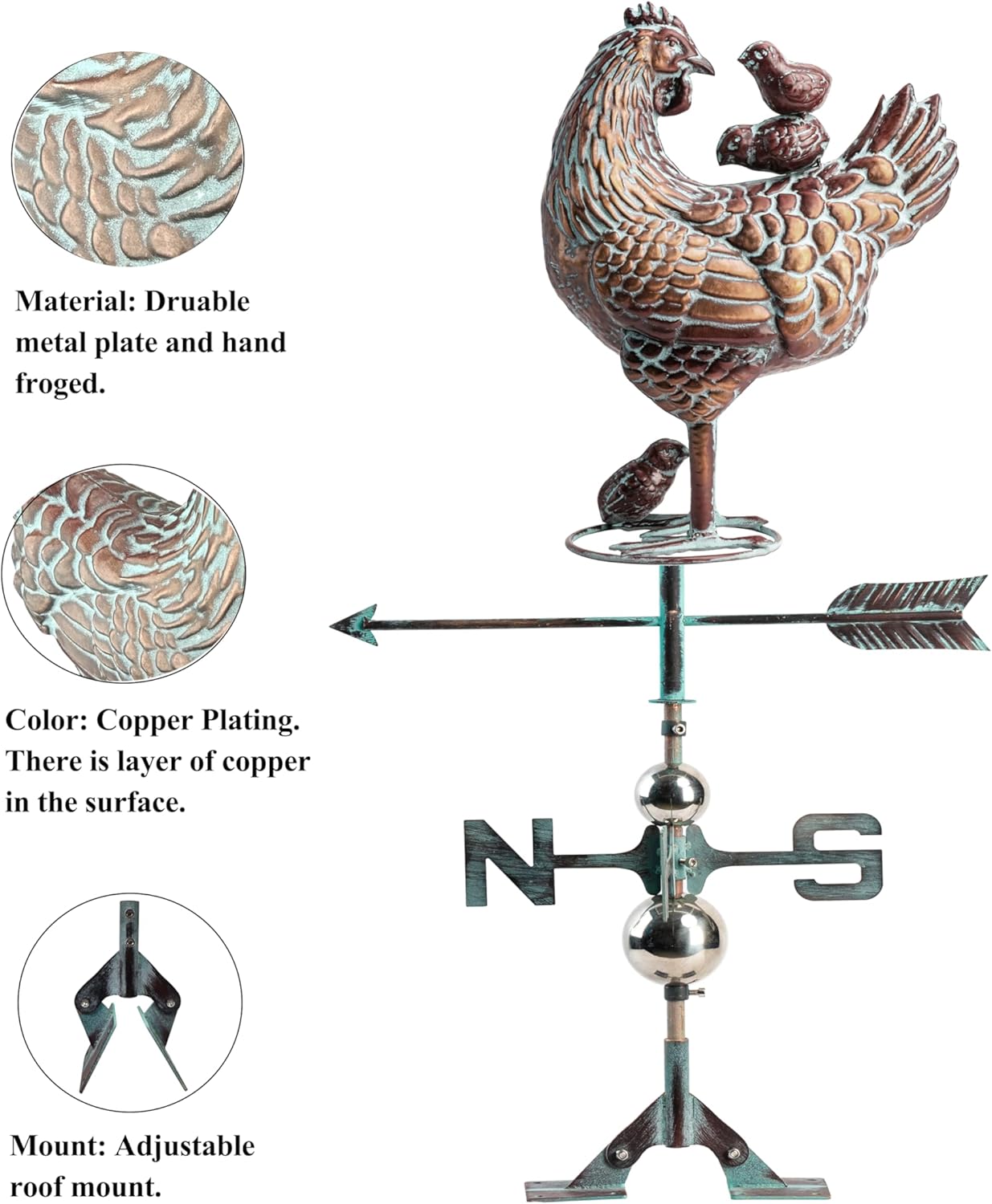 CLYB Gallina de metal con veleta de pollo – Encantadora elegancia de corral con soporte de techo ajustable