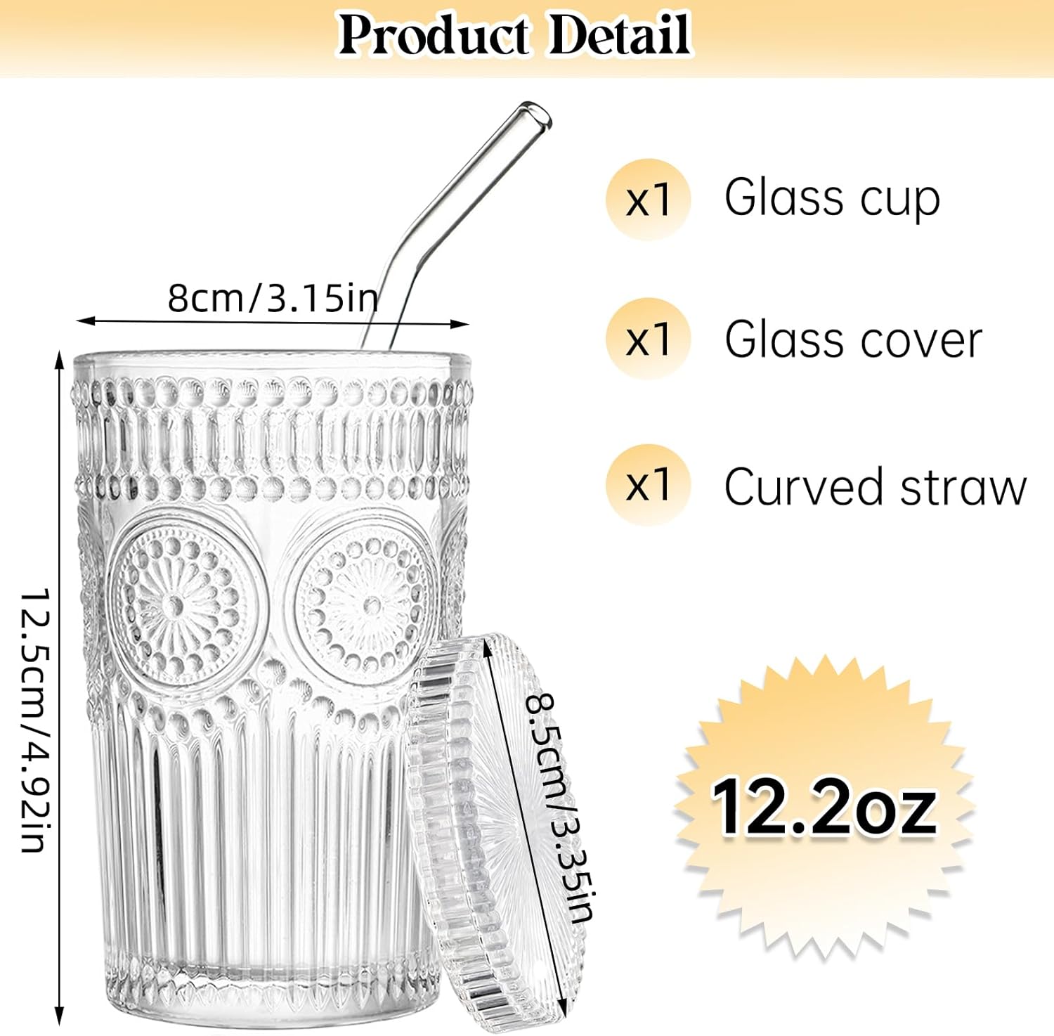 Vaso de vidrio vintage a rayas, taza de café con tapa y pajita, tapas que no aseguran para agua, café helado, leche, té, jugo (B-Vintage)