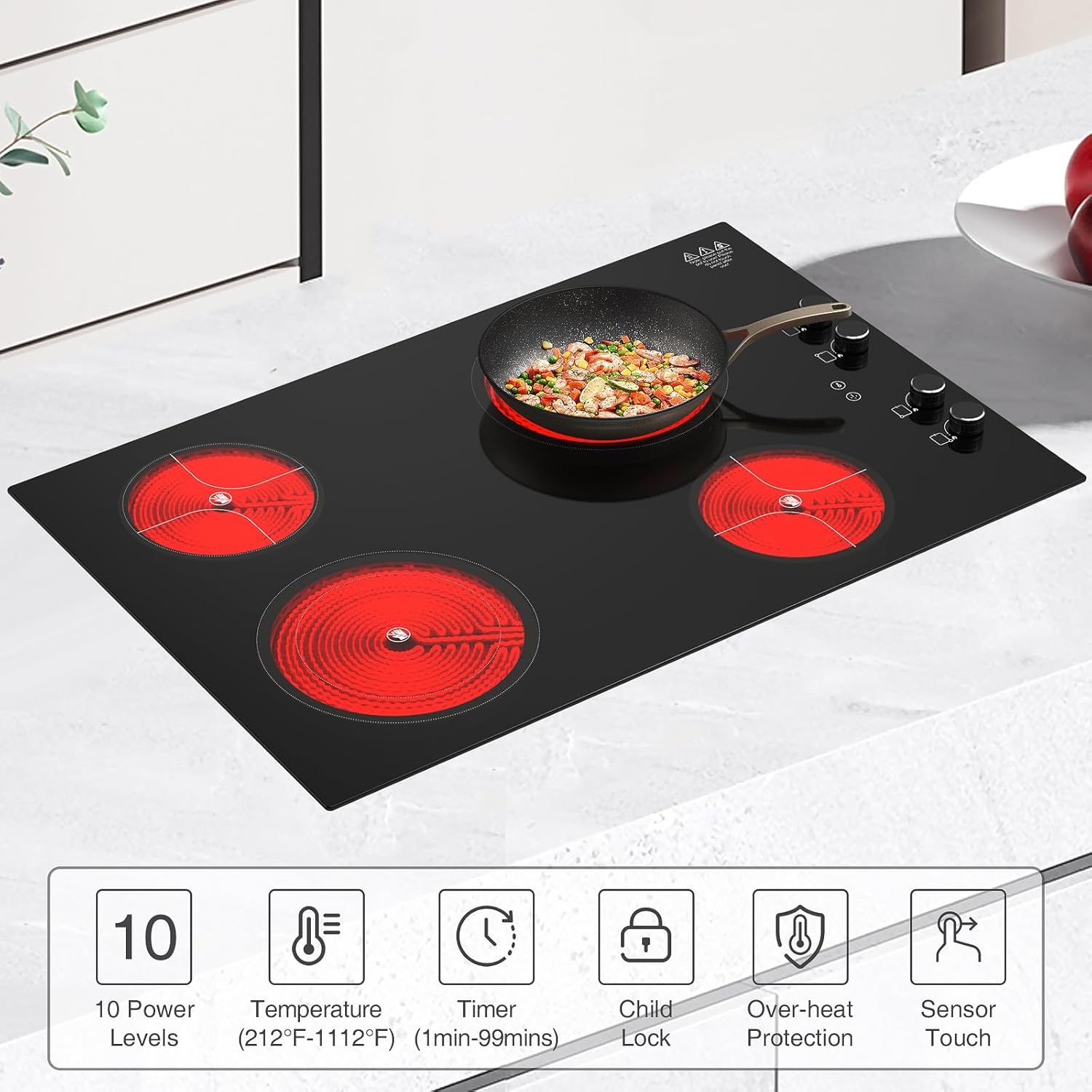 POTFYA – Estufa eléctrica de 30 pulgadas, 4 quemadores de 7200 W, placa de cerámica eléctrica integrada para cocinar, 220-240 V, control de perilla,