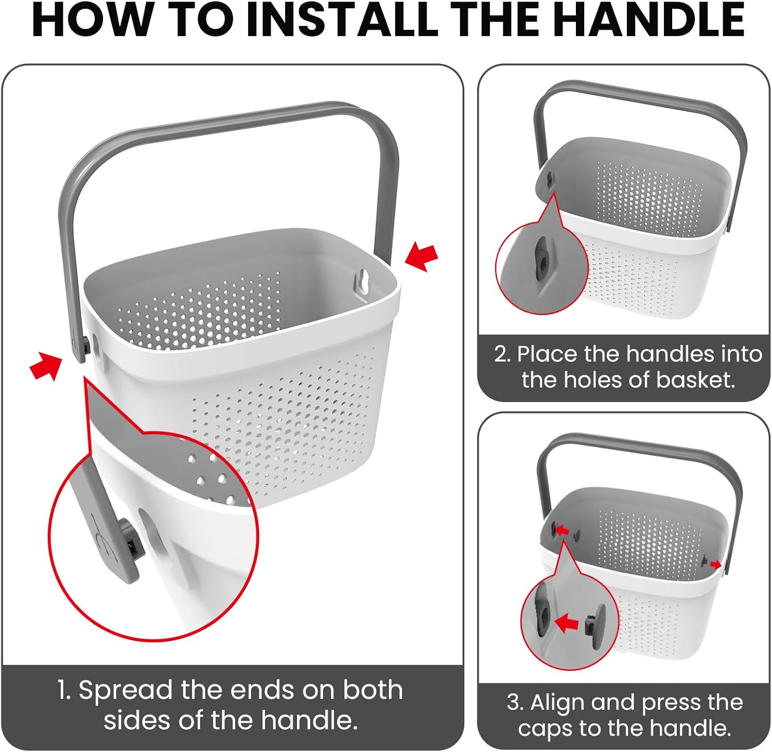 TAILI Cestas de almacenamiento de plástico con asas, organizador de estante de ducha, cesta de ducha portátil para baño, cocina, dormitorio, gris