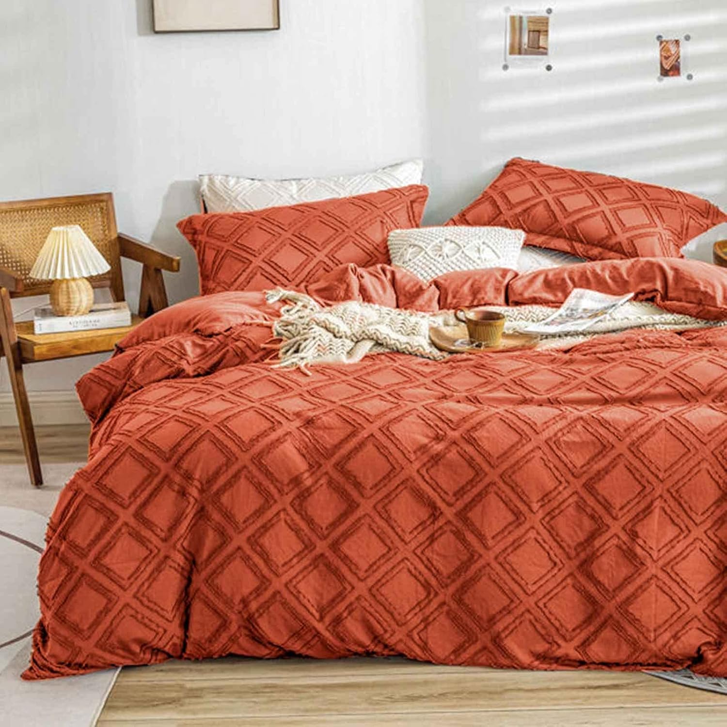 Nanko – Edredón tamaño King color naranja, bohemio, jacquard suave, desgastado y elegante, microfibra alternativa, todas las estaciones, edredón de