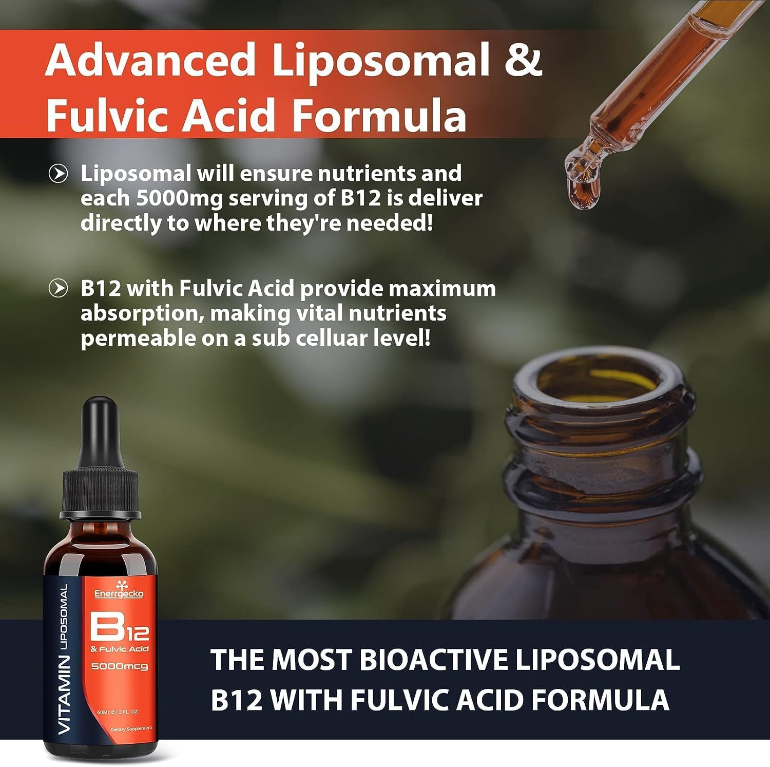 Vitamina B12 liposomal 5000mcg líquido sublingual maximiza la absorción, vegano B12 metilado con ácido fúlvico, metilcobalamina 3 en 1 para energía,