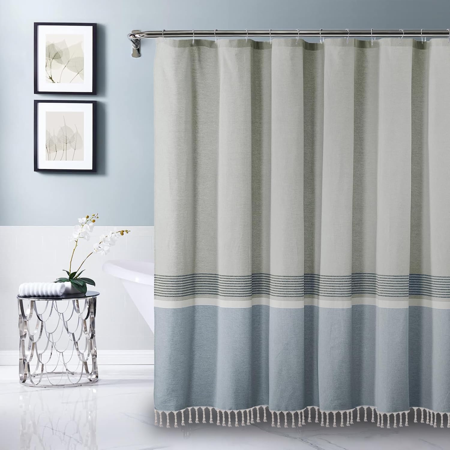 Juego de cortinas de ducha de baño, cortinas de ducha a rayas azules y grises para baño, impermeable, lavable a máquina, tamaño de 72 x 72 pulgadas,